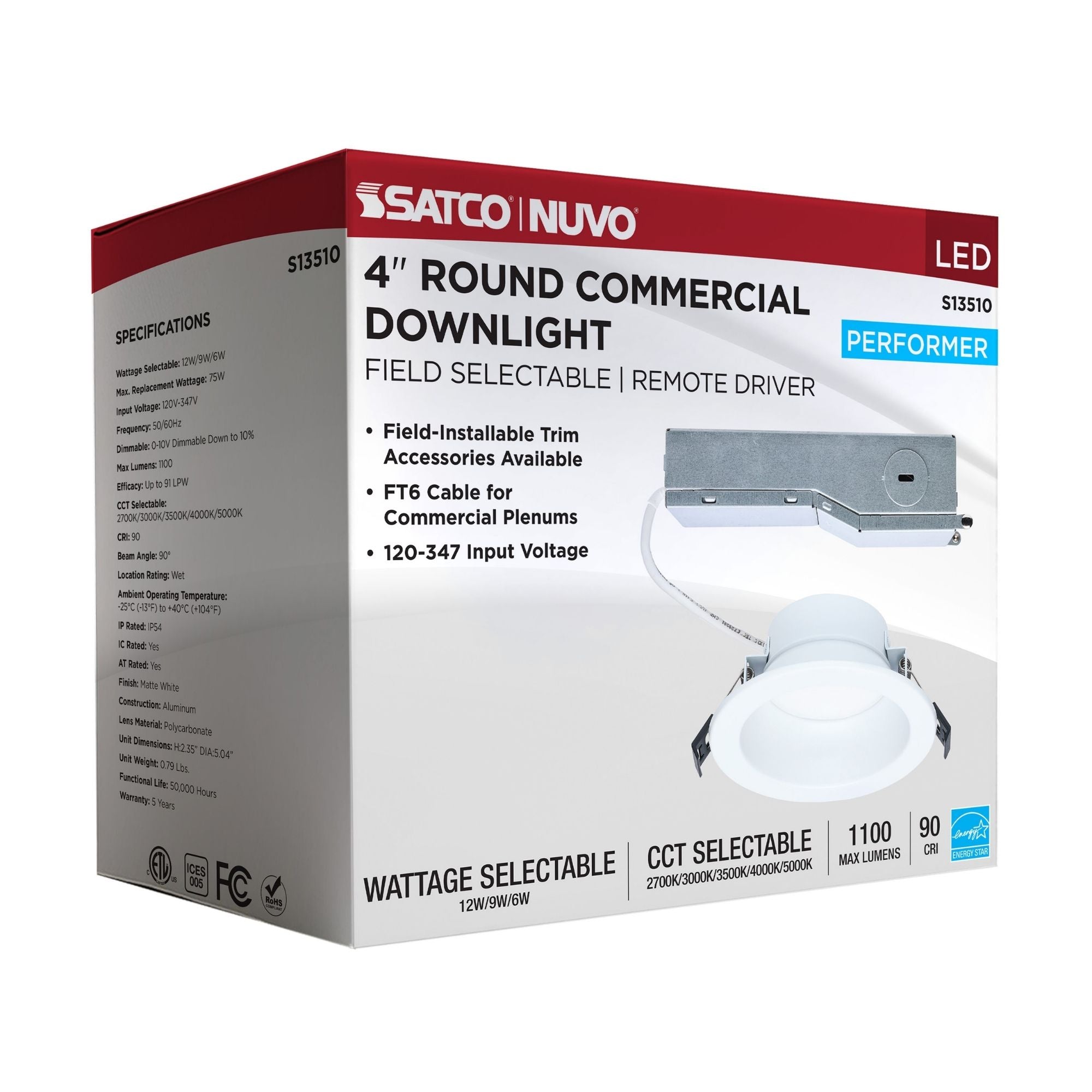 Satco S13510 4 in. Commercial Downlight Retrofit 12W 1100 Lumens Selectable CCT Wet Rated