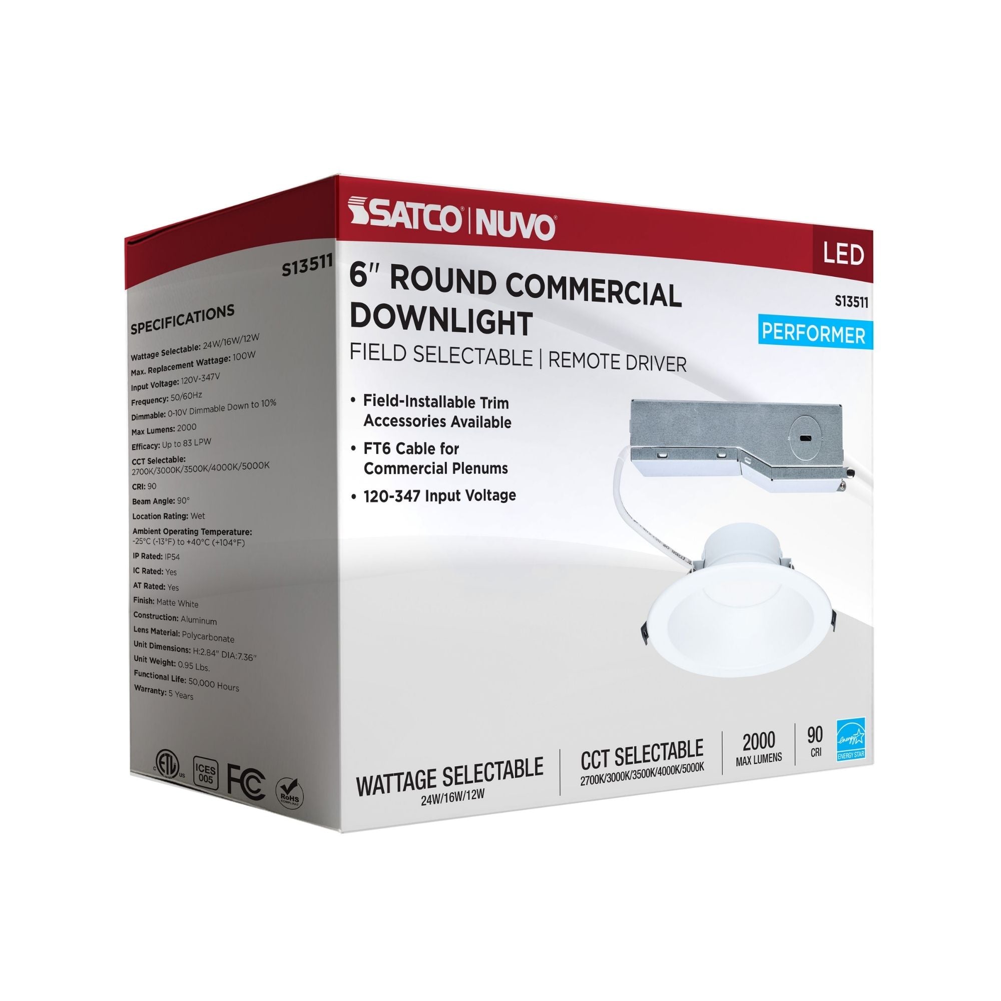 Satco Commercial S13511 6 in. Round Downlight 24W Selectable CCT Wet Rated