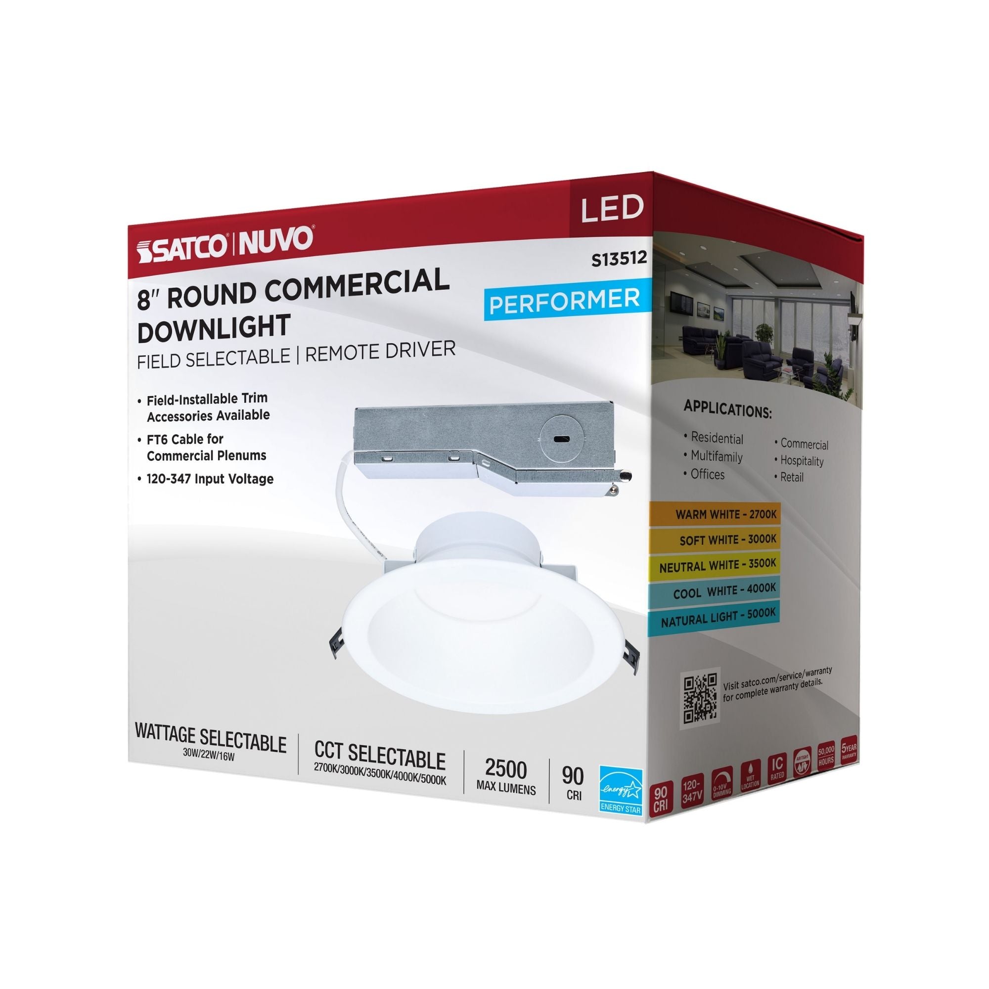 Satco S13512 8 in. Commercial Downlight Retrofit 30W 2500 Lumens Selectable CCT Wet Rated