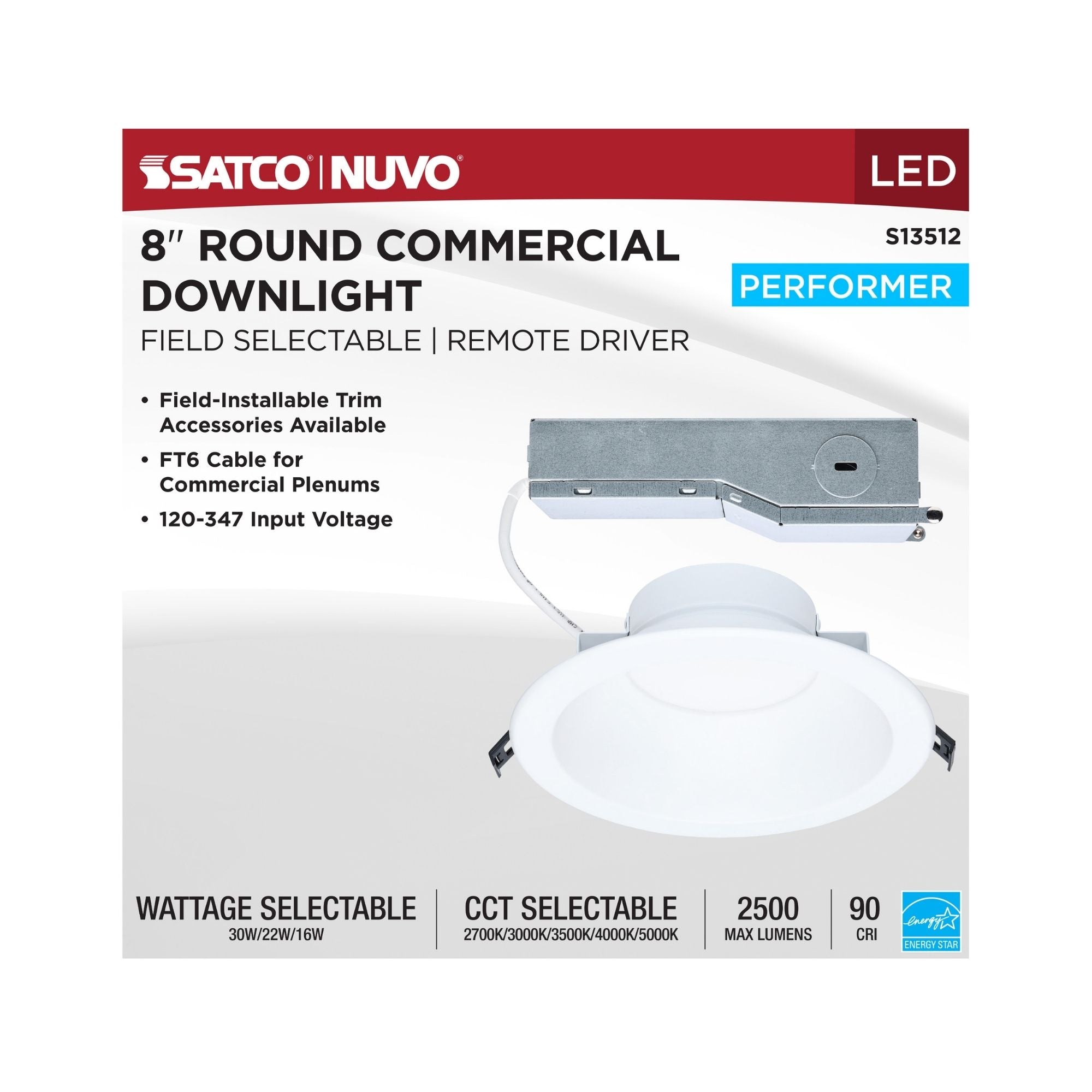 Satco S13512 8 in. Commercial Downlight Retrofit 30W 2500 Lumens Selectable CCT Wet Rated