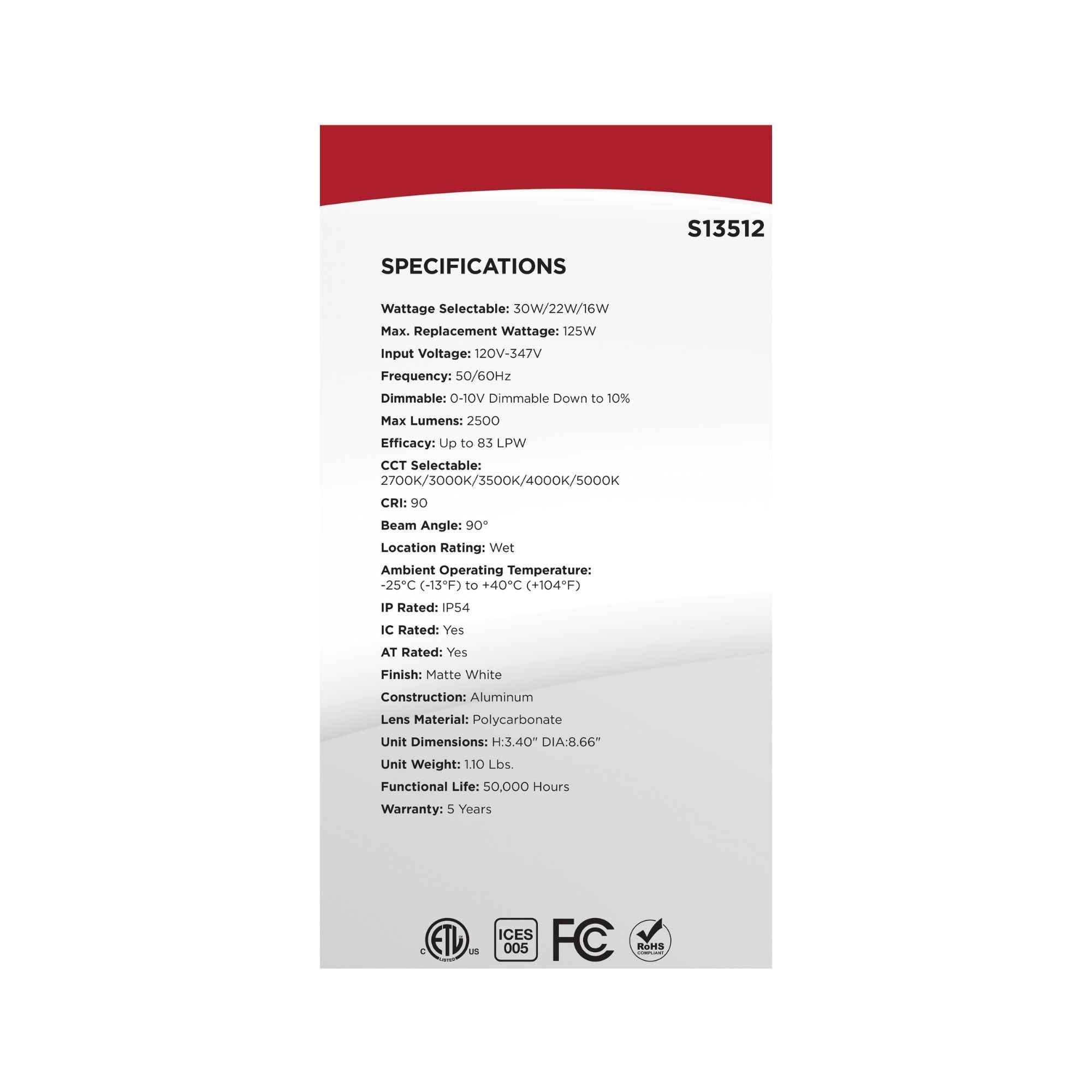 Satco S13512 8 in. Commercial Downlight Retrofit 30W 2500 Lumens Selectable CCT Wet Rated