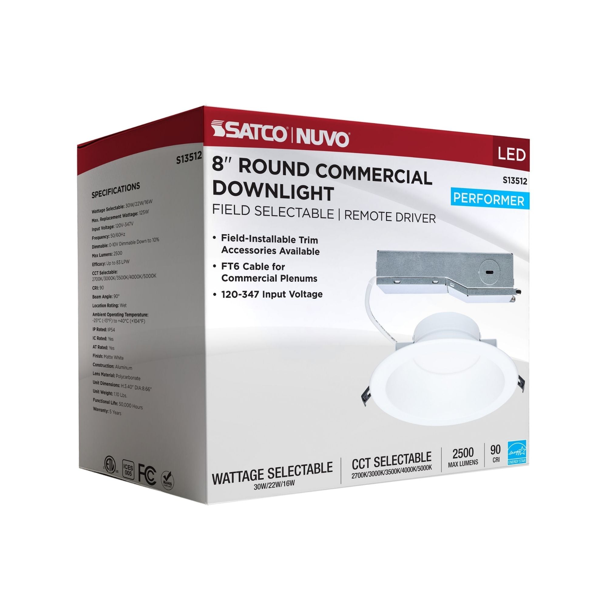 Satco S13512 8 in. Commercial Downlight Retrofit 30W 2500 Lumens Selectable CCT Wet Rated