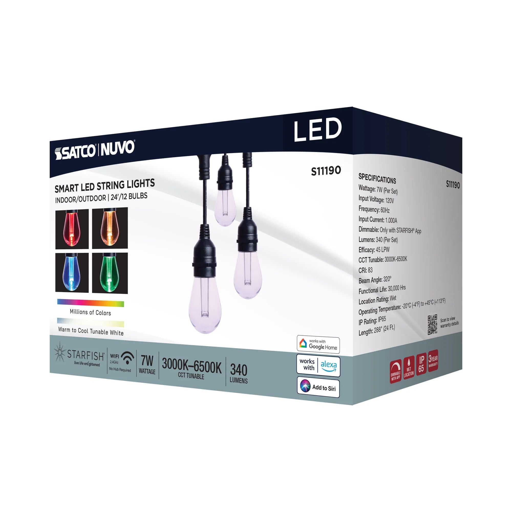 Starfish Smart 24ft LED String Light, 12-S14 Bulbs, RGB + Tunable White