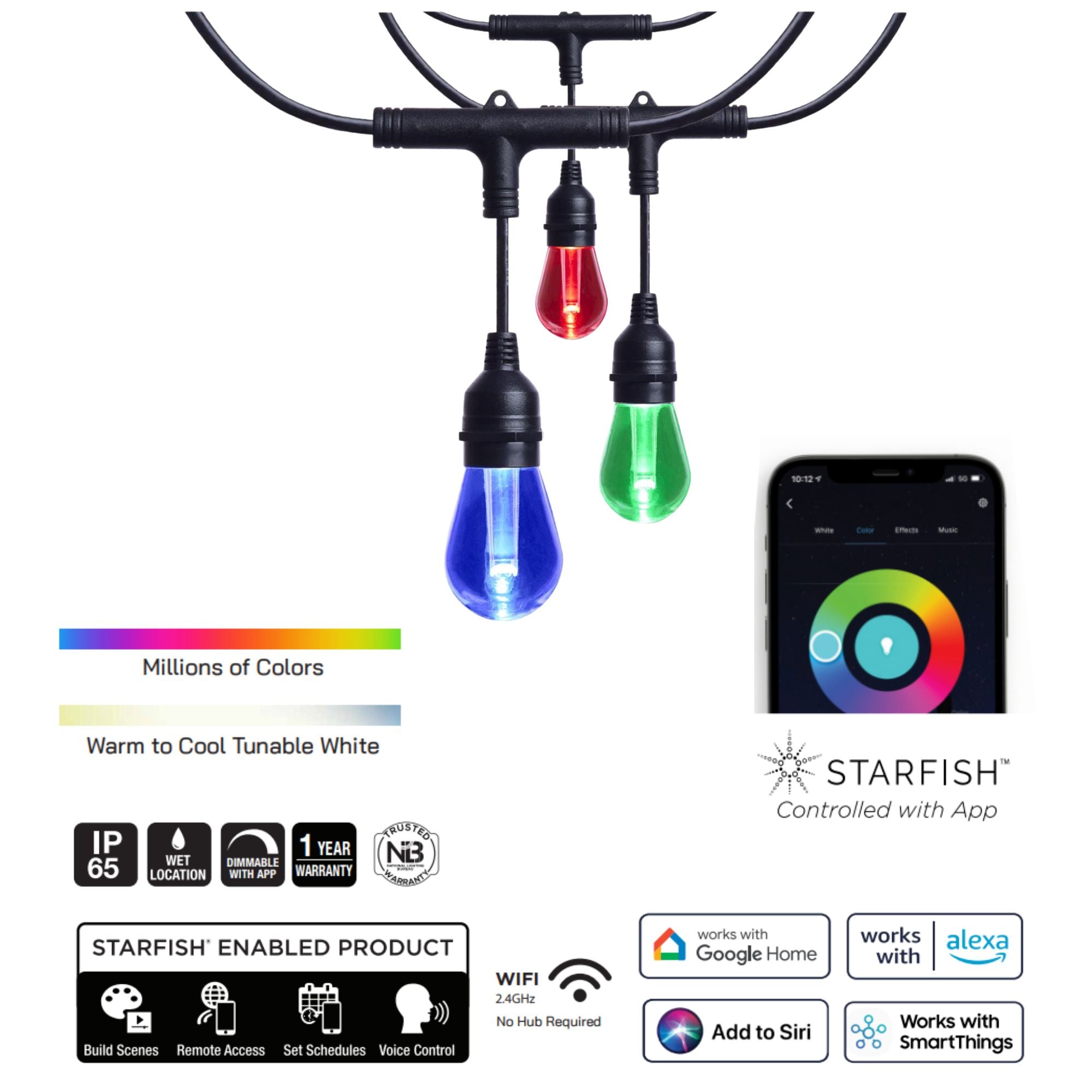 Starfish Smart 48ft LED String Light, 15-S14 Bulbs, RGB + Tunable White