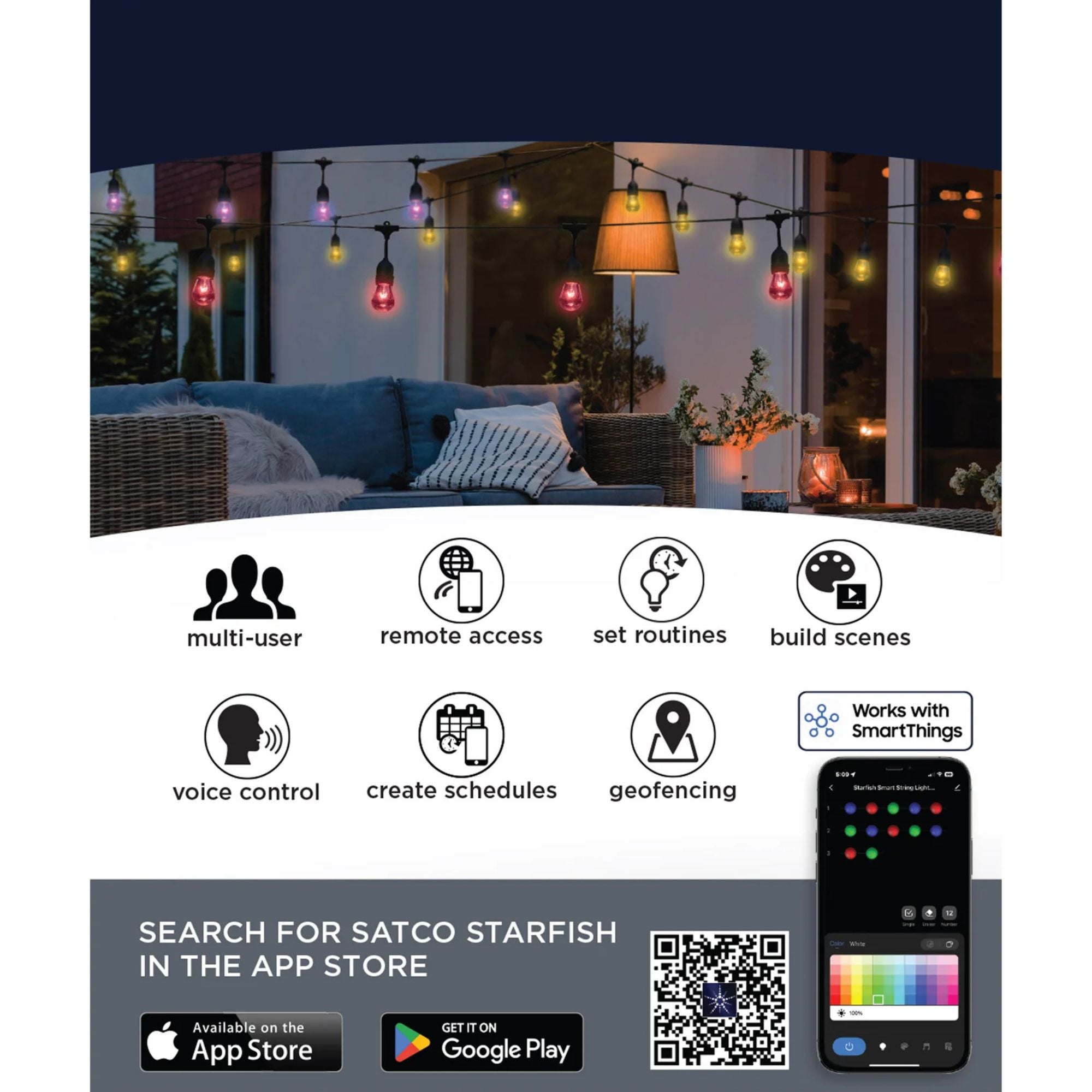 Starfish Smart 48ft LED String Light, 15-S14 Bulbs, RGB + Tunable White