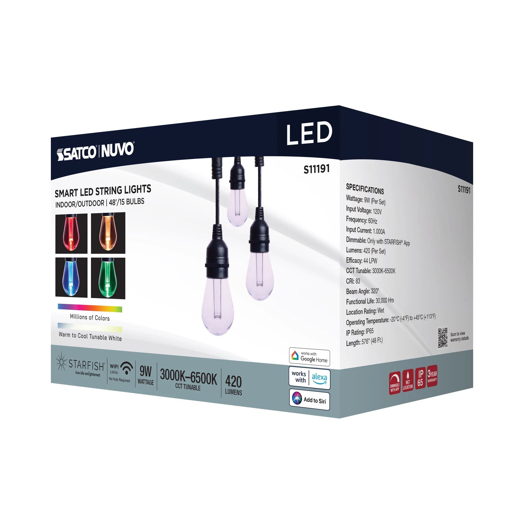 Starfish Smart 48ft LED String Light, 15-S14 Bulbs, RGB + Tunable White
