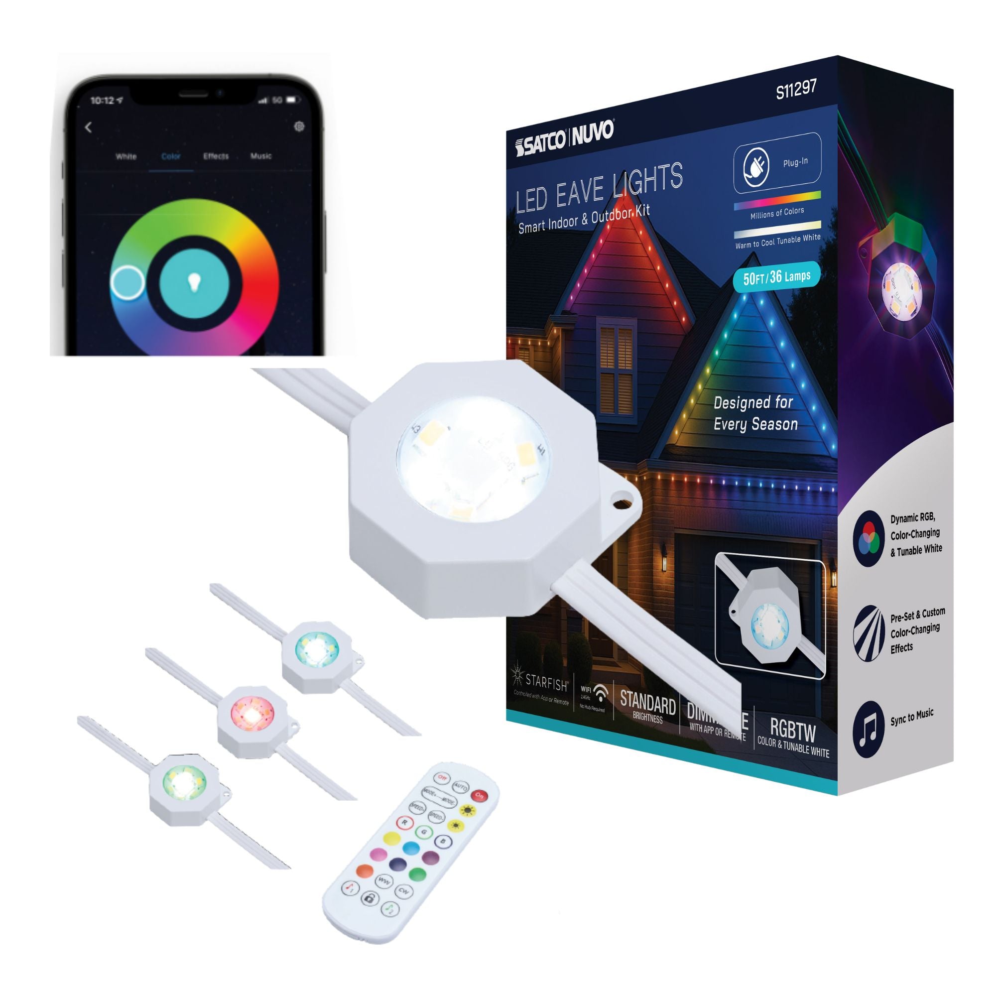 SATCO|NUVO S11297 - Smart LED Eave Light, 50ft String Light Kit, 36 Lamps, RGB + Tunable White (2200K-6500K), WiFi-2.4GHz Starfish Control, IP65 Rated