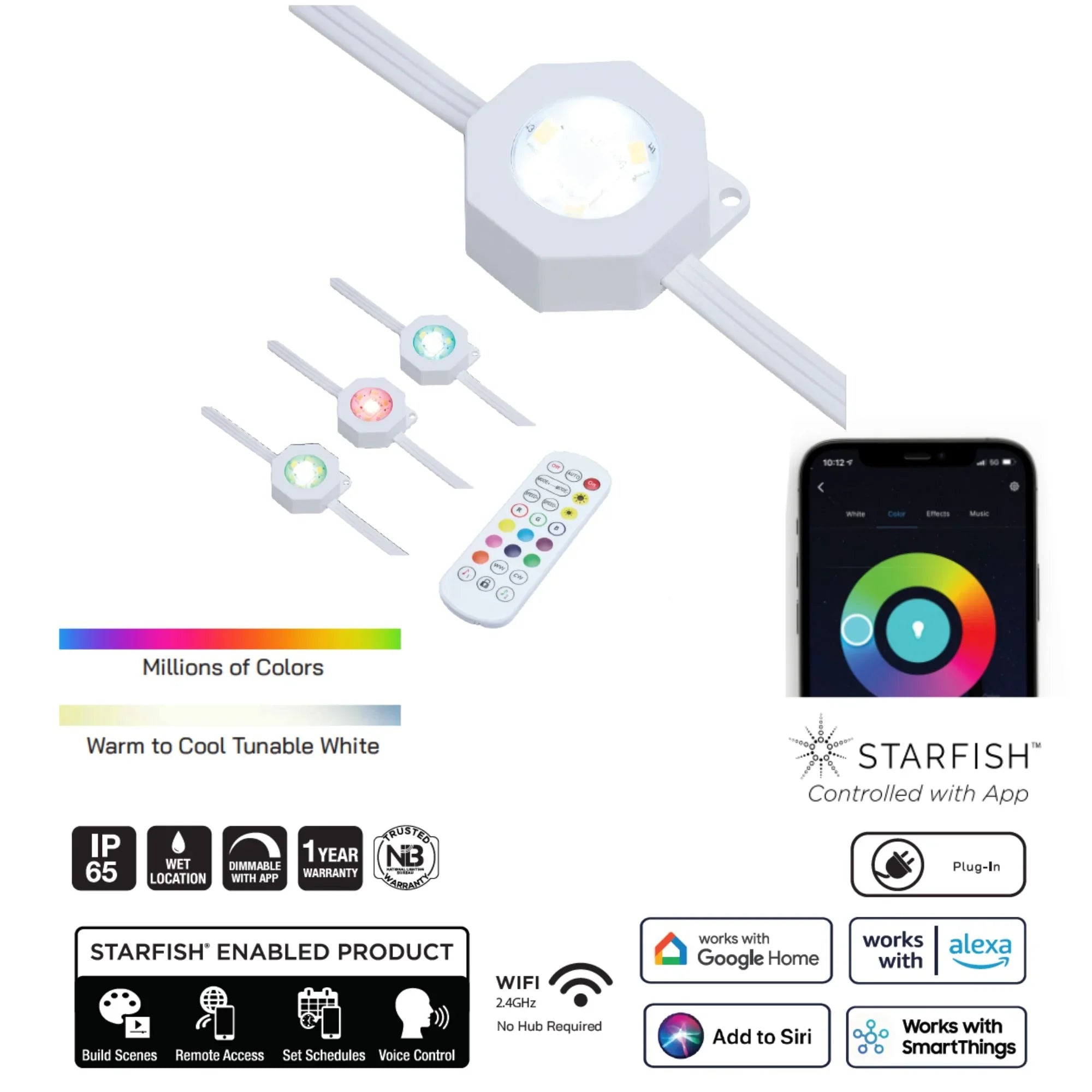 SATCO|NUVO S11297 - Smart LED Eave Light, 50ft String Light Kit, 36 Lamps, RGB + Tunable White (2200K-6500K), WiFi-2.4GHz Starfish Control, IP65 Rated