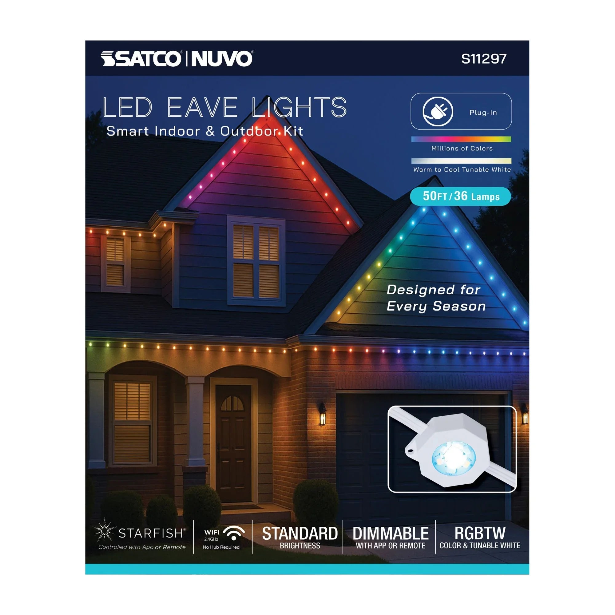 SATCO|NUVO S11297 - Smart LED Eave Light, 50ft String Light Kit, 36 Lamps, RGB + Tunable White (2200K-6500K), WiFi-2.4GHz Starfish Control, IP65 Rated