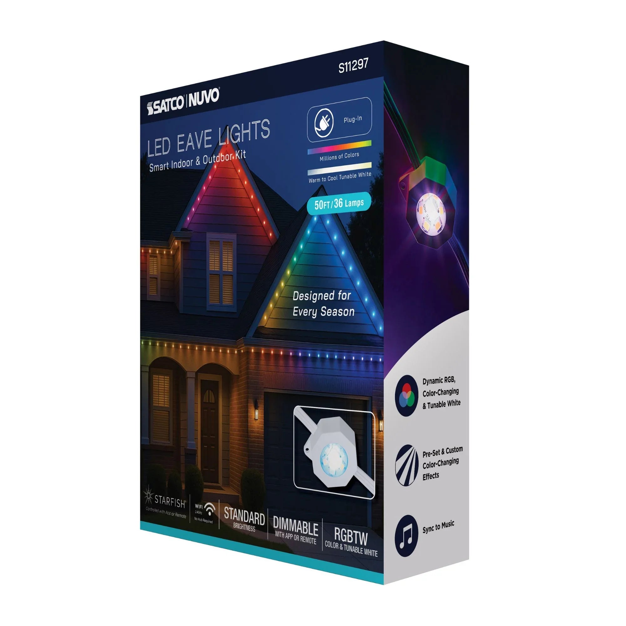 SATCO|NUVO S11297 - Smart LED Eave Light, 50ft String Light Kit, 36 Lamps, RGB + Tunable White (2200K-6500K), WiFi-2.4GHz Starfish Control, IP65 Rated