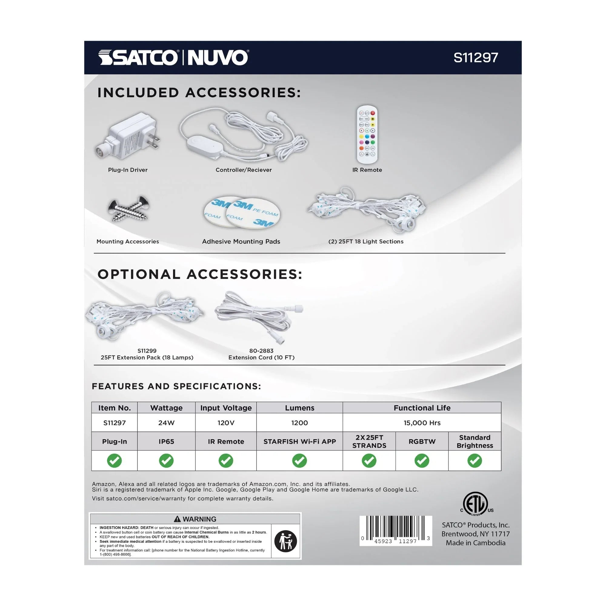 SATCO|NUVO S11297 - Smart LED Eave Light, 50ft String Light Kit, 36 Lamps, RGB + Tunable White (2200K-6500K), WiFi-2.4GHz Starfish Control, IP65 Rated