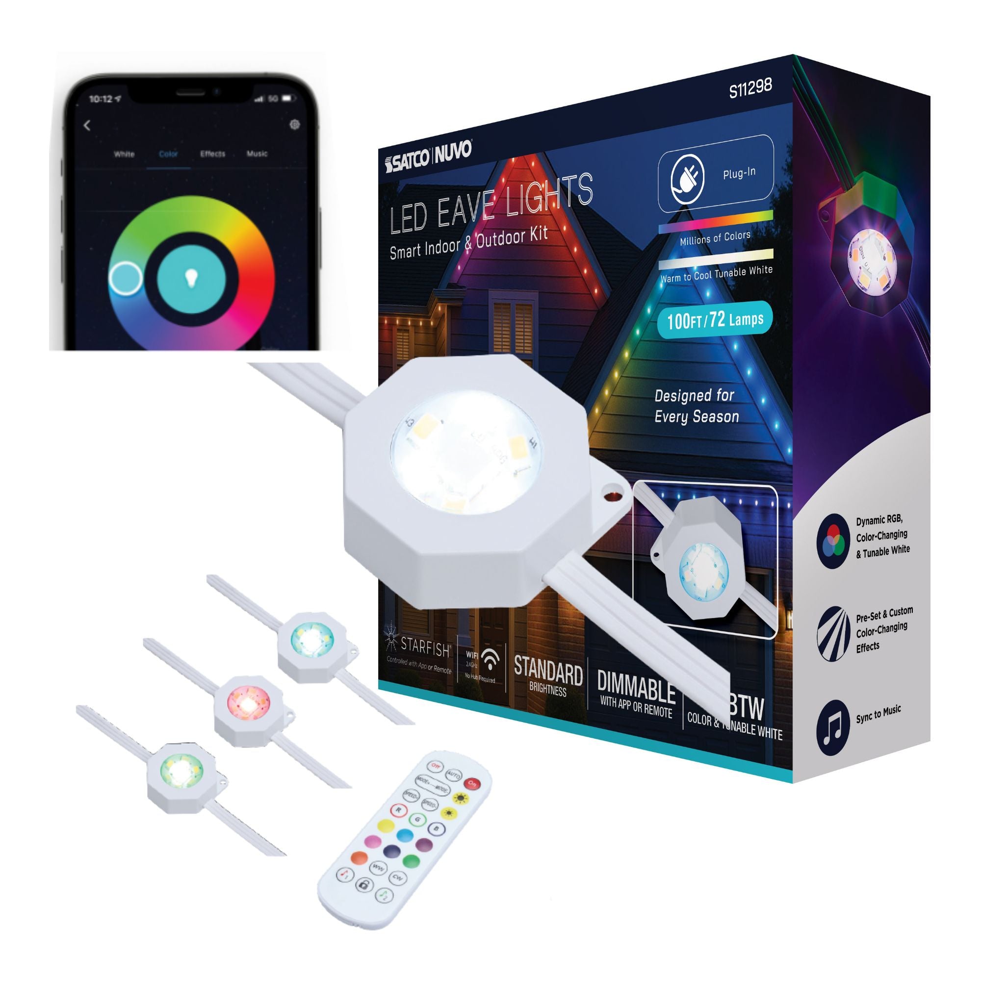 SATCO|NUVO S11298 - Smart LED Eave Light, 100ft String Light Kit, 72 Lamps, RGB + Tunable White (2200K-6500K), WiFi-2.4GHz Starfish Control, IP65 Rated