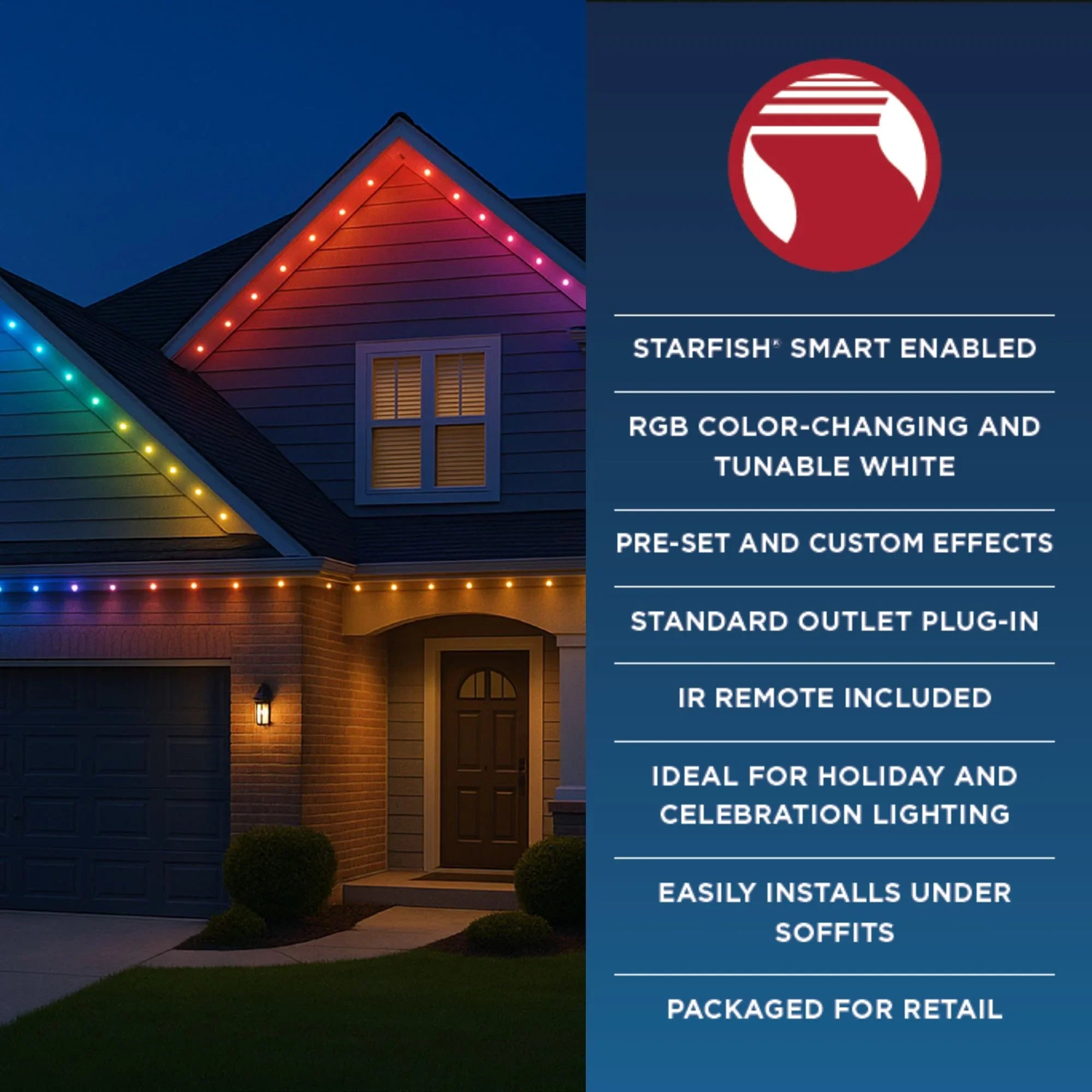 SATCO|NUVO S11298 - Smart LED Eave Light, 100ft String Light Kit, 72 Lamps, RGB + Tunable White (2200K-6500K), WiFi-2.4GHz Starfish Control, IP65 Rated
