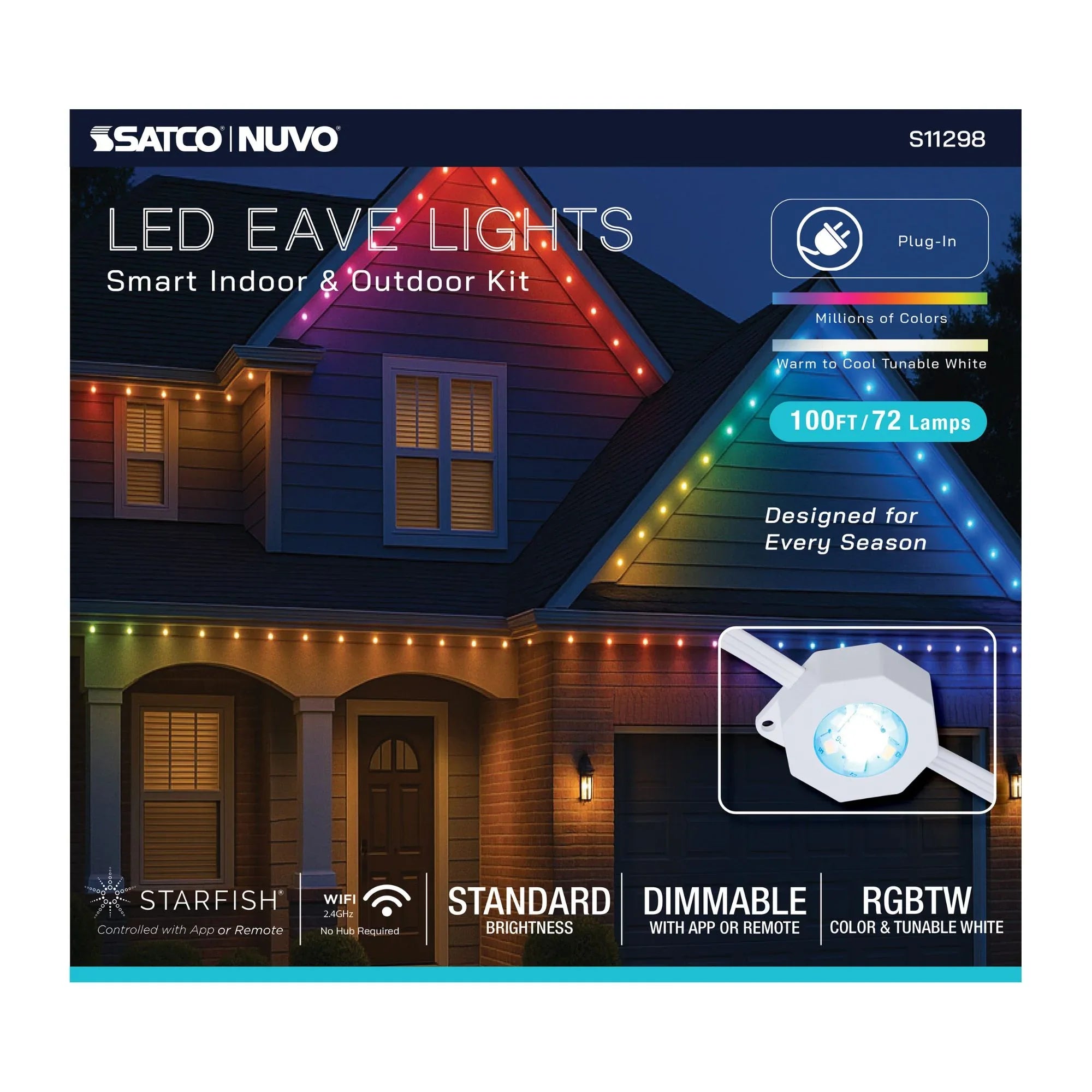 SATCO|NUVO S11298 - Smart LED Eave Light, 100ft String Light Kit, 72 Lamps, RGB + Tunable White (2200K-6500K), WiFi-2.4GHz Starfish Control, IP65 Rated