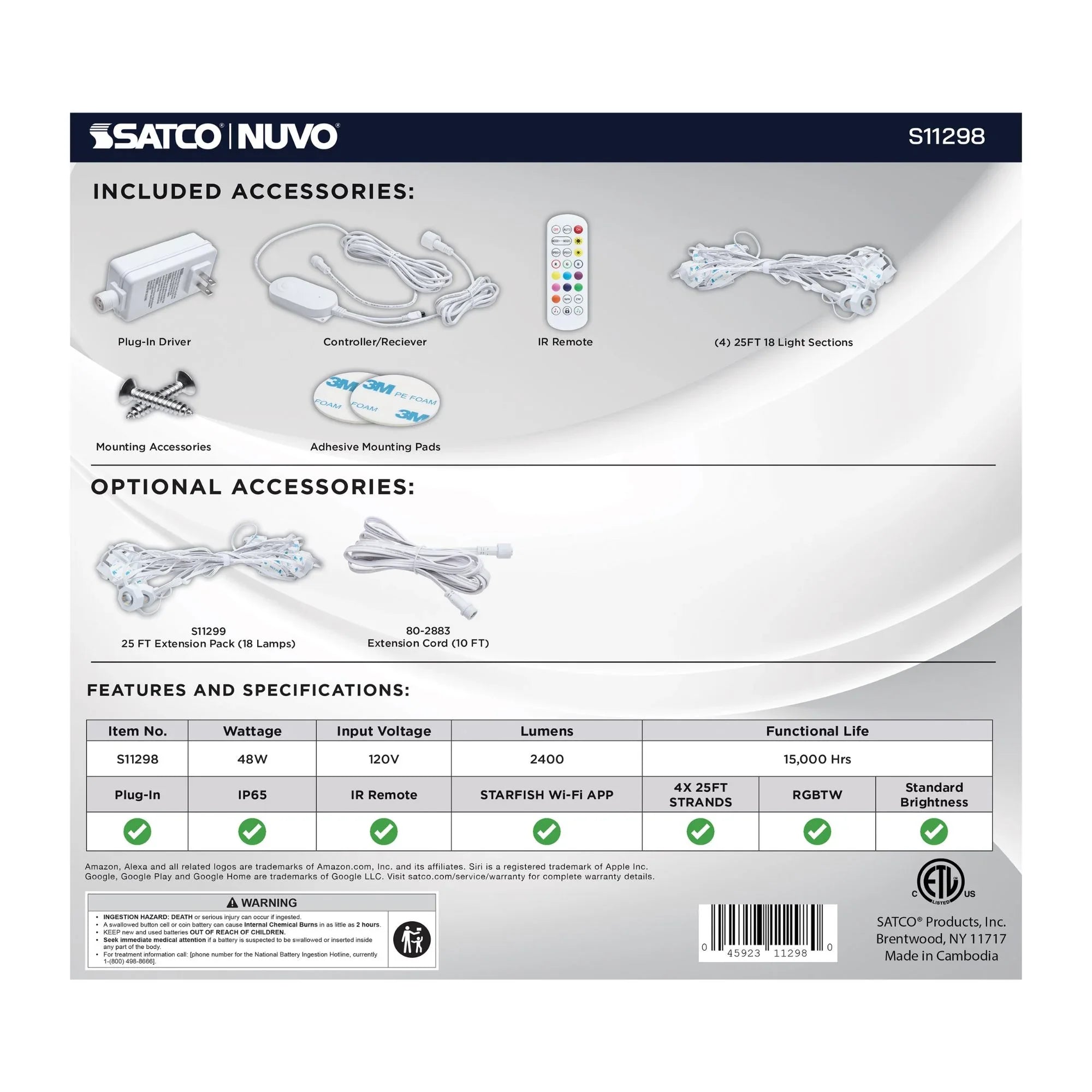 SATCO|NUVO S11298 - Smart LED Eave Light, 100ft String Light Kit, 72 Lamps, RGB + Tunable White (2200K-6500K), WiFi-2.4GHz Starfish Control, IP65 Rated