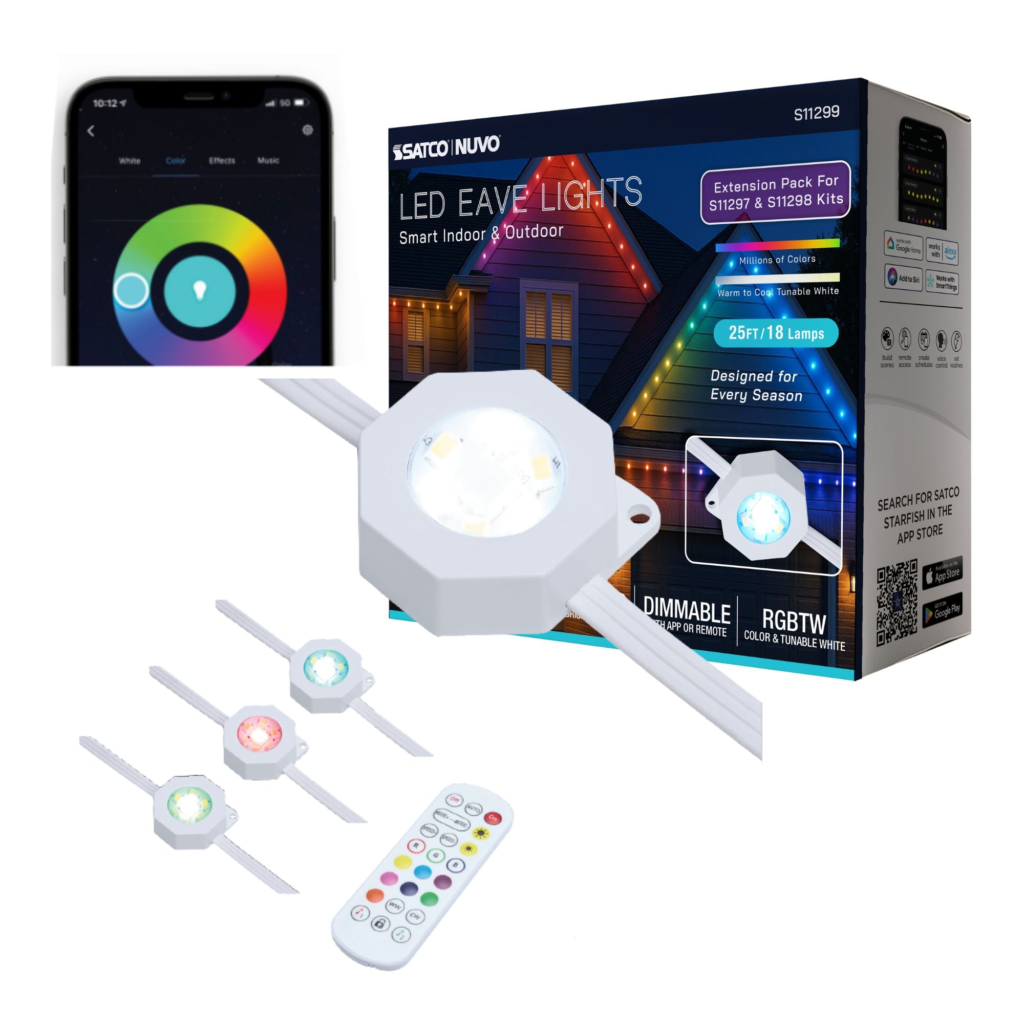 SATCO|NUVO S11299 - Smart LED Eave Light Extension, 25ft String Light, 18 Lamps, RGB + Tunable White (2200K-6500K), WiFi-2.4GHz Starfish Compatible, IP65 Rated
