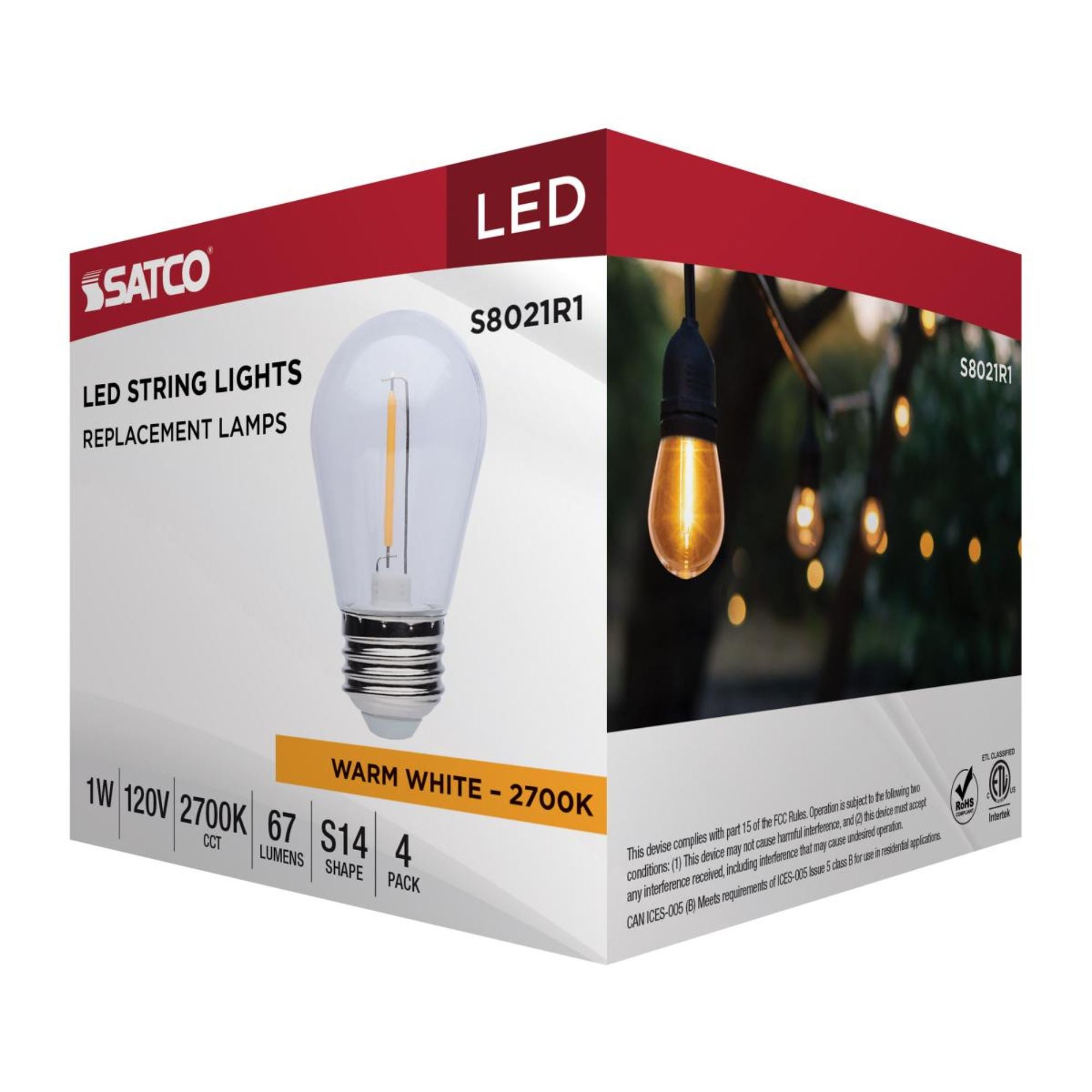 S14 LED String Light Replacement Lamp, E26 Medium Base, 2700K, Pack of 4