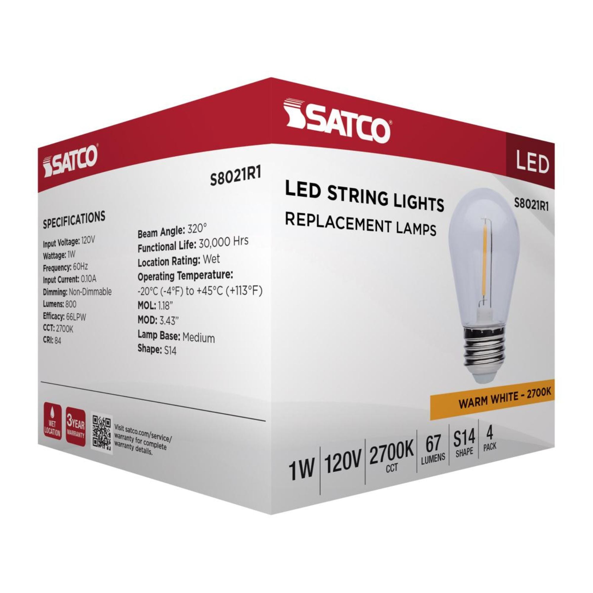 S14 LED String Light Replacement Lamp, E26 Medium Base, 2700K, Pack of 4