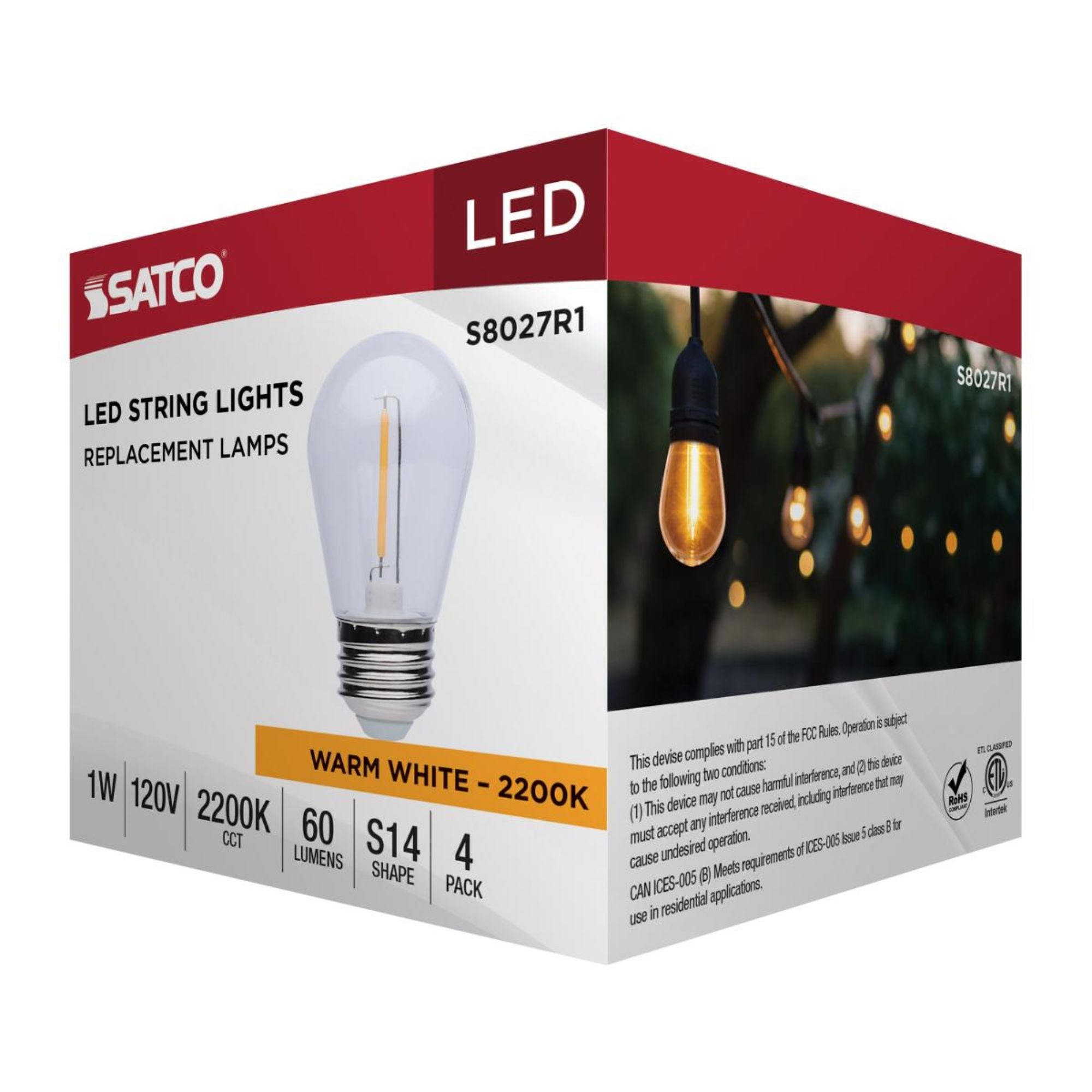 S14 LED String Light Replacement Lamp, E26 Medium Base, 2200K, Pack of 4