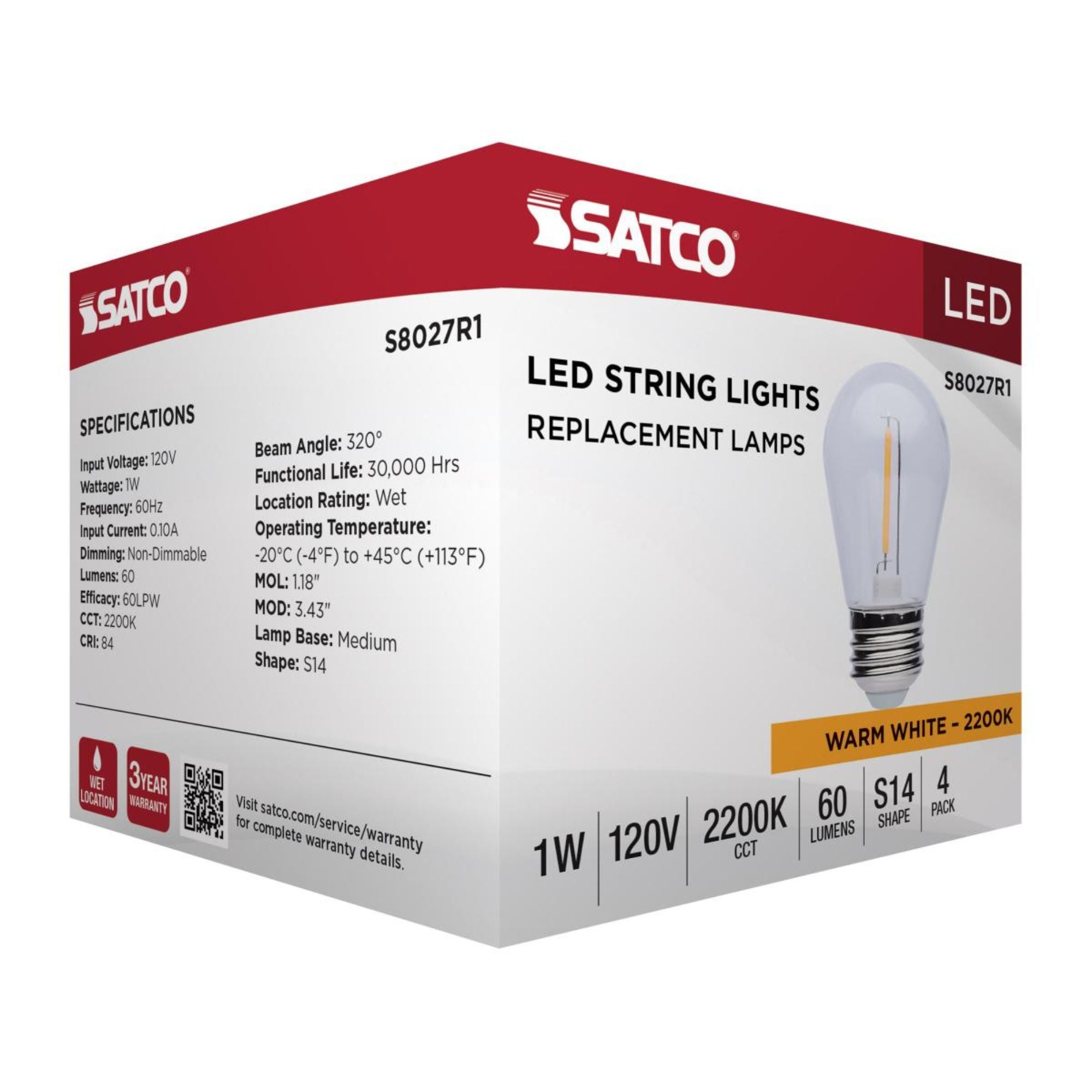 S14 LED String Light Replacement Lamp, E26 Medium Base, 2200K, Pack of 4