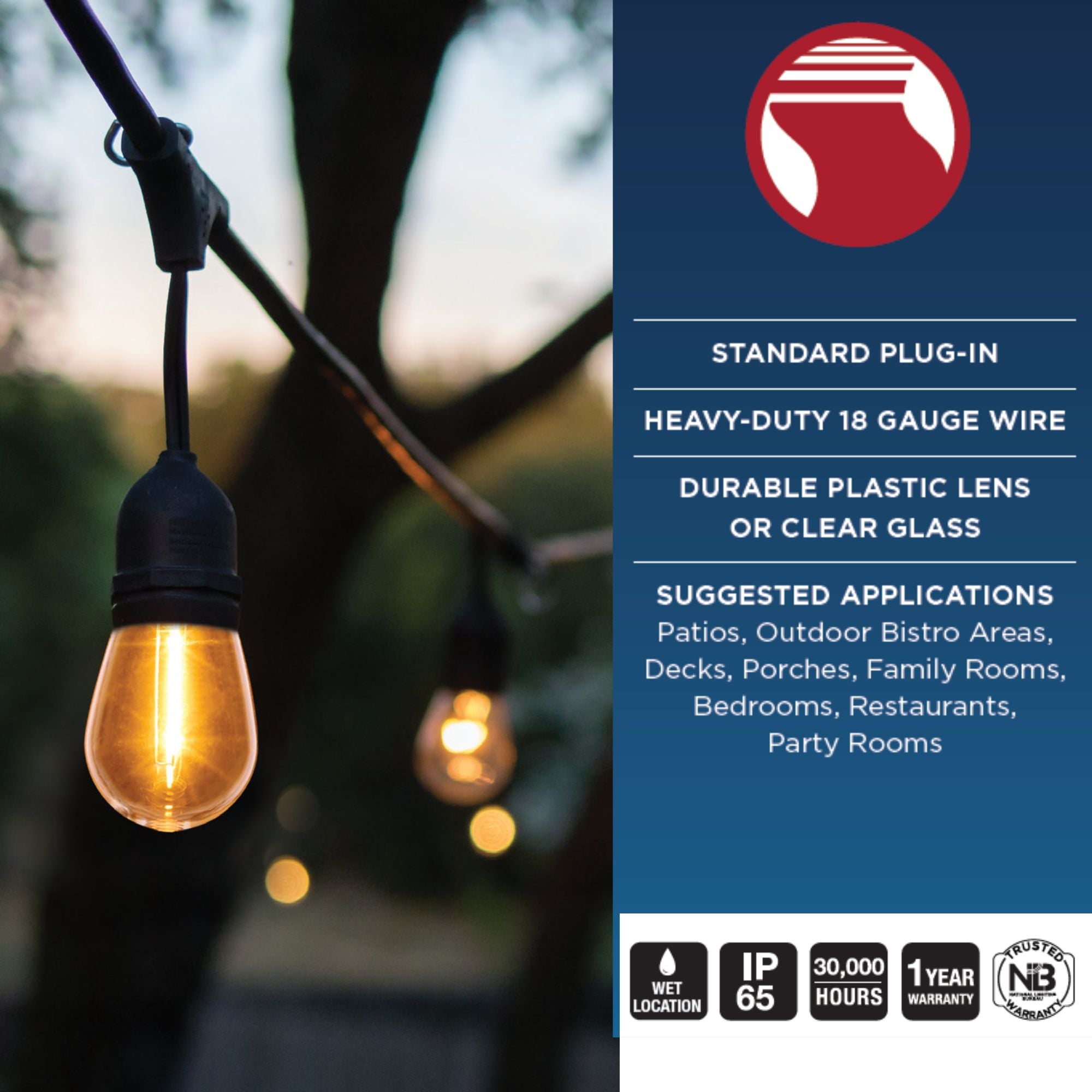 Indoor/Outdoor 60 Feet LED String Light, 24-S14 bulbs, 2200K