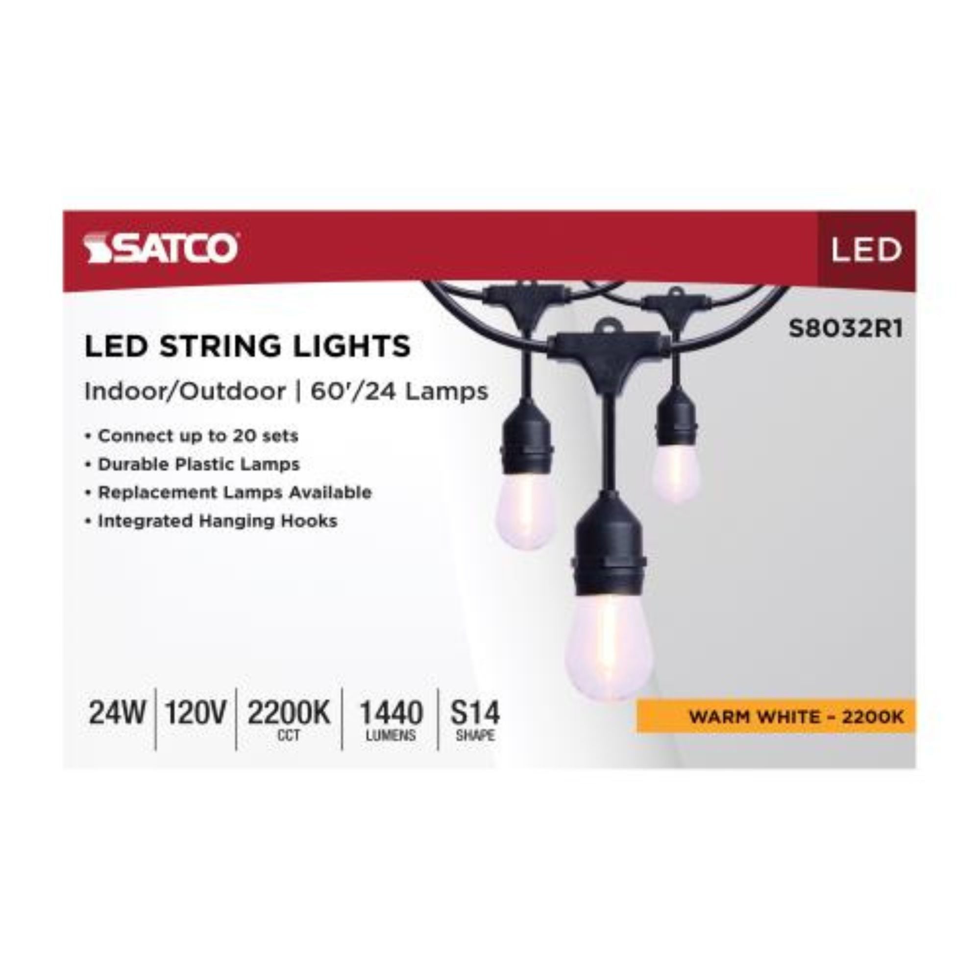 Indoor/Outdoor 60 Feet LED String Light, 24-S14 bulbs, 2200K