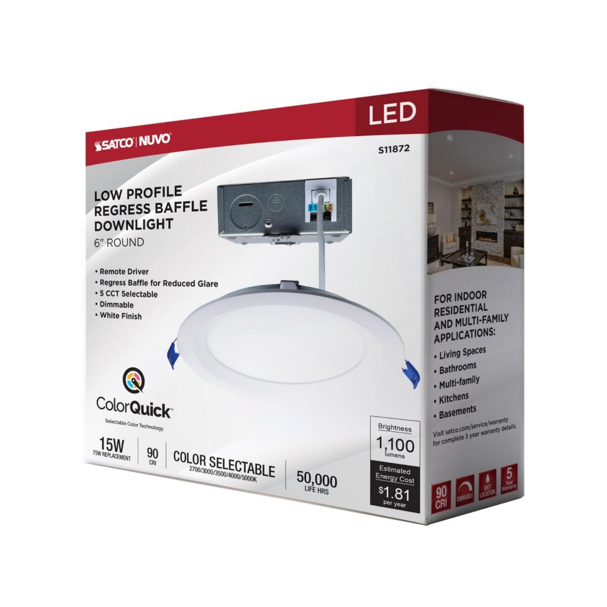 Slim Fit 6" Round Canless LED Recessed Light, 1100 Lm, 5-CCT, White Baffle Trim
