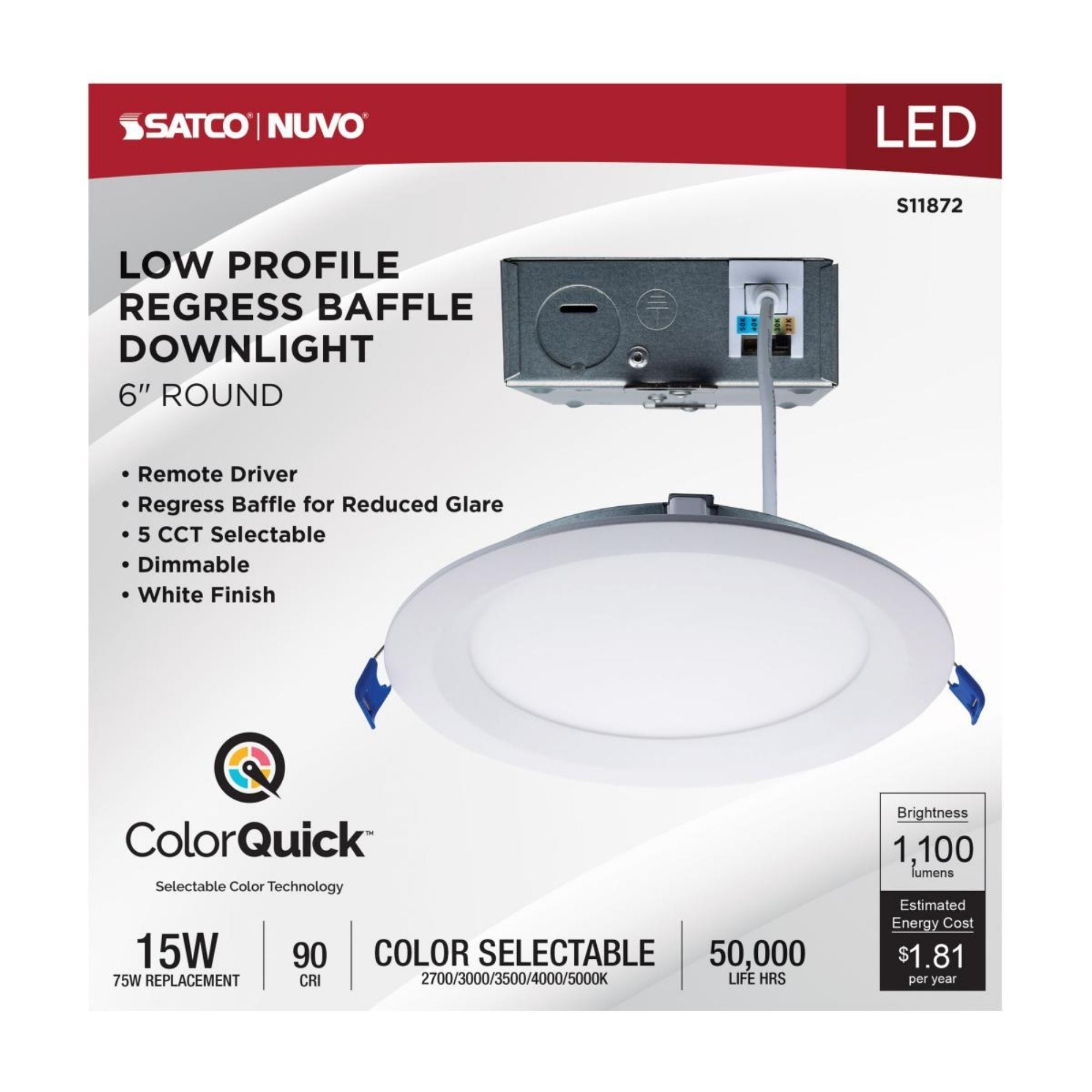 Slim Fit 6" Round Canless LED Recessed Light, 1100 Lm, 5-CCT, White Baffle Trim