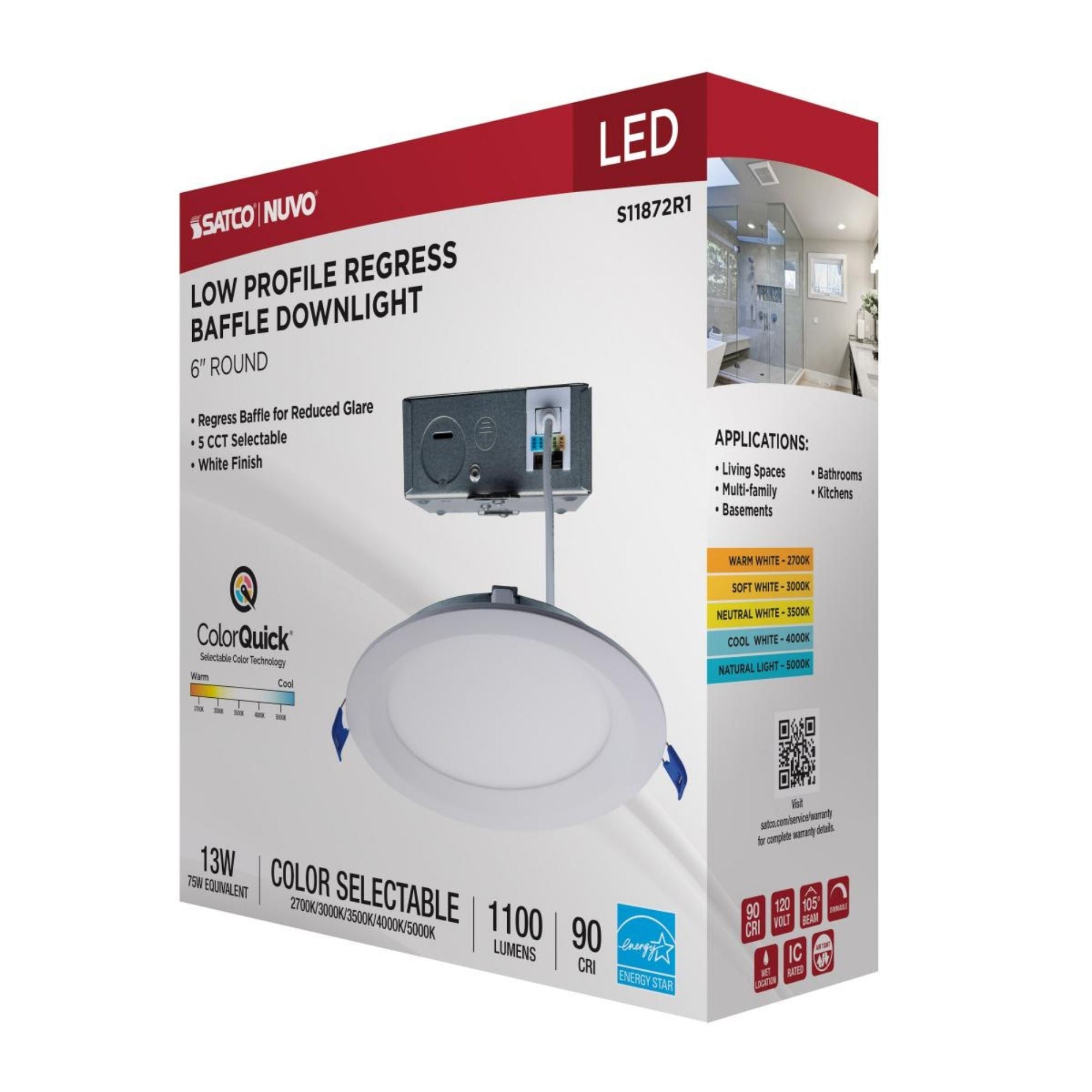 Slim Fit 6" Round Canless LED Recessed Light, 1100 Lm, 5-CCT, Smooth Baffle Trim