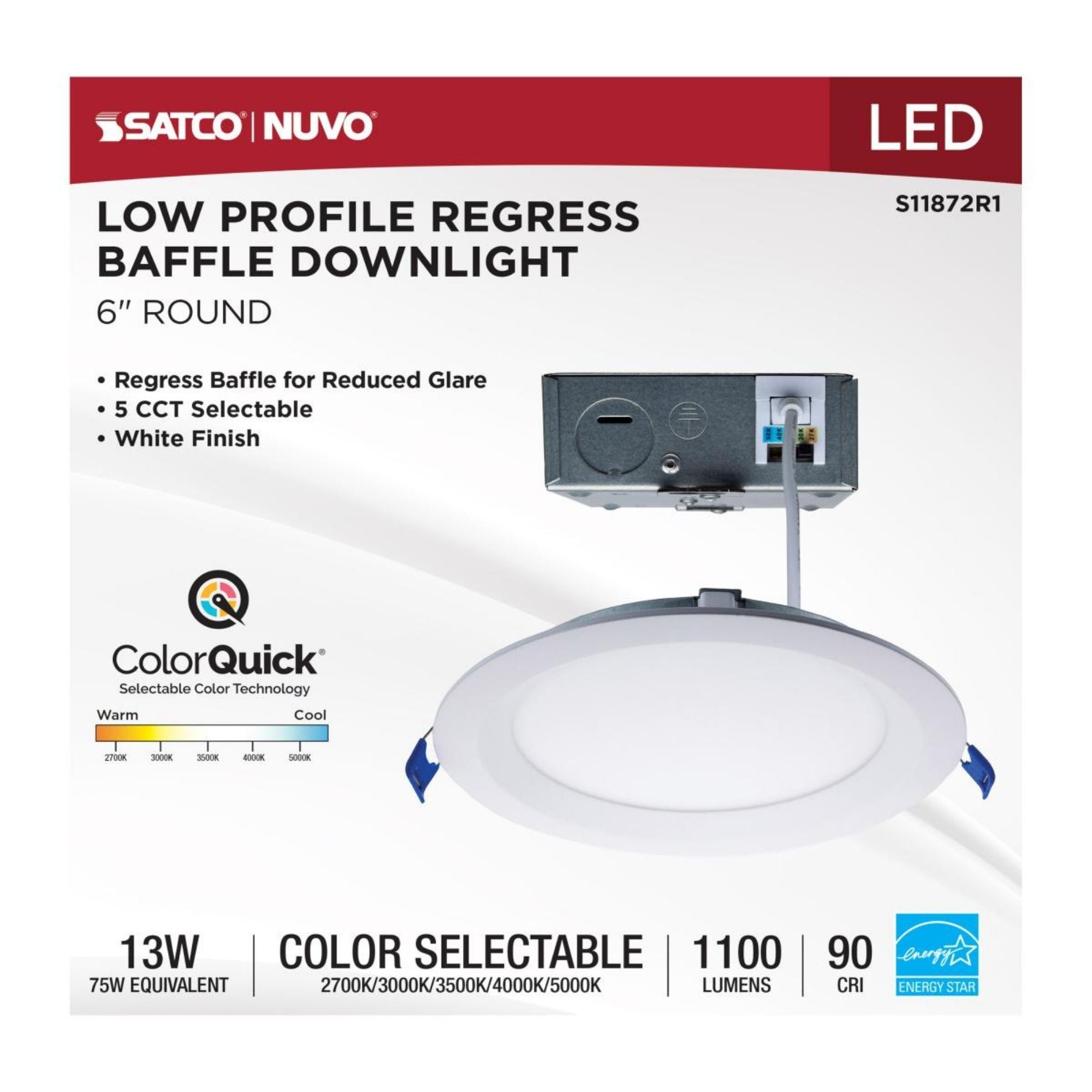 Slim Fit 6" Round Canless LED Recessed Light, 1100 Lm, 5-CCT, Smooth Baffle Trim