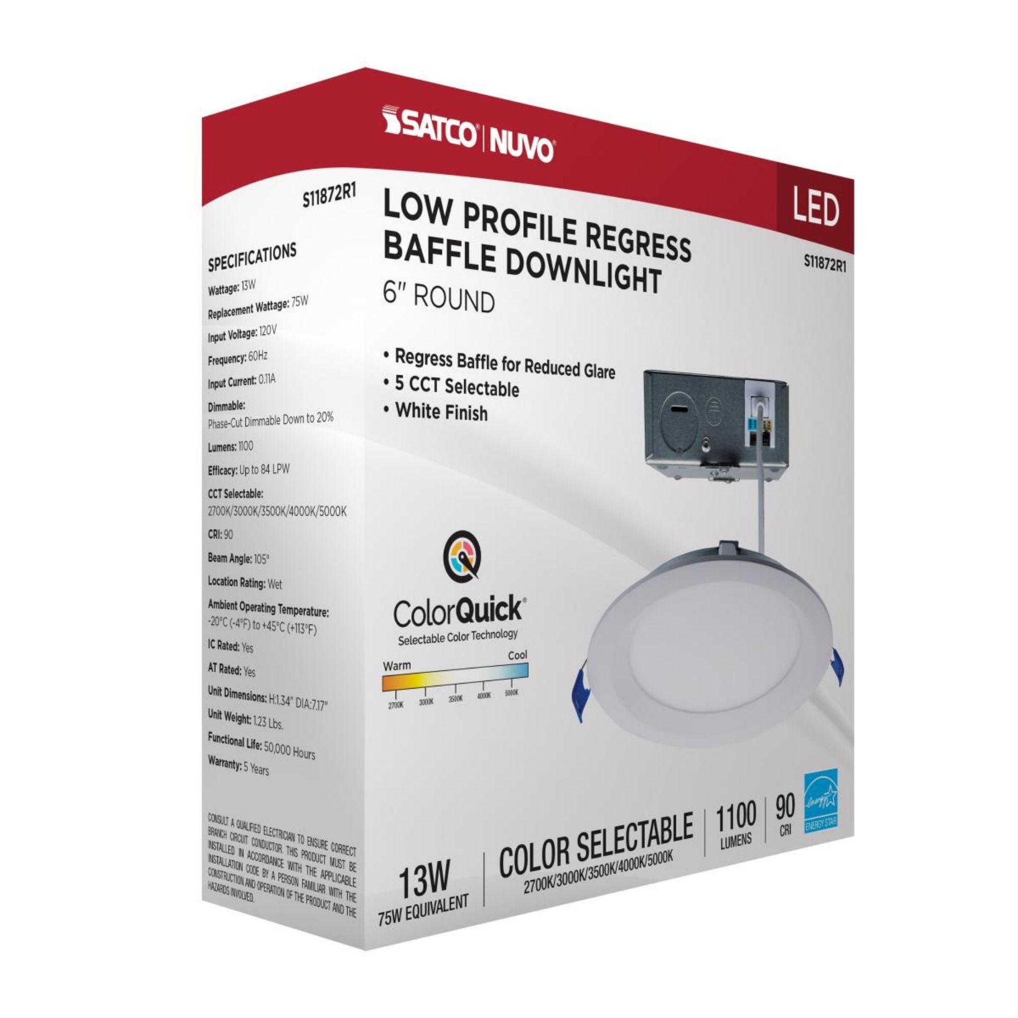Slim Fit 6" Round Canless LED Recessed Light, 1100 Lm, 5-CCT, Smooth Baffle Trim