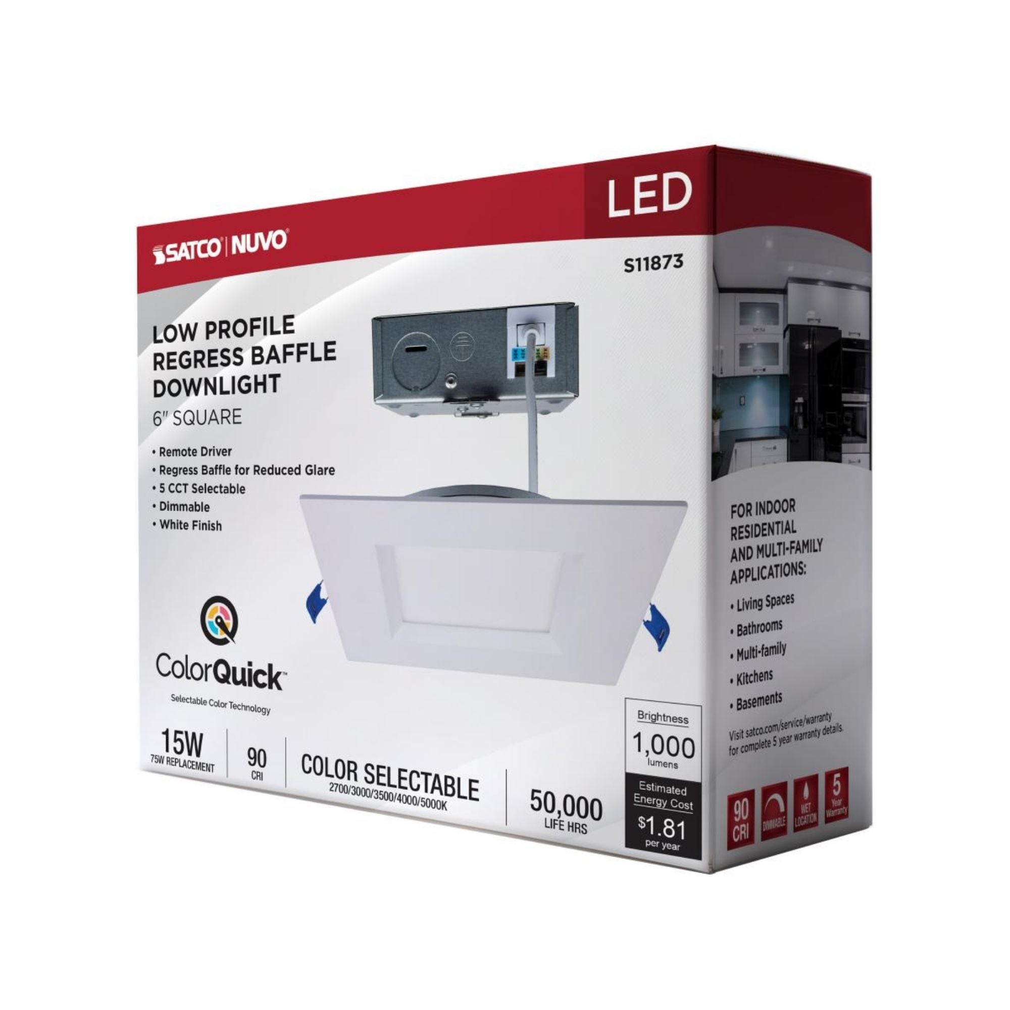 Slim Fit 6" Square Canless LED Recessed Light, 1000 Lm, 5-CCT, White Baffle Trim