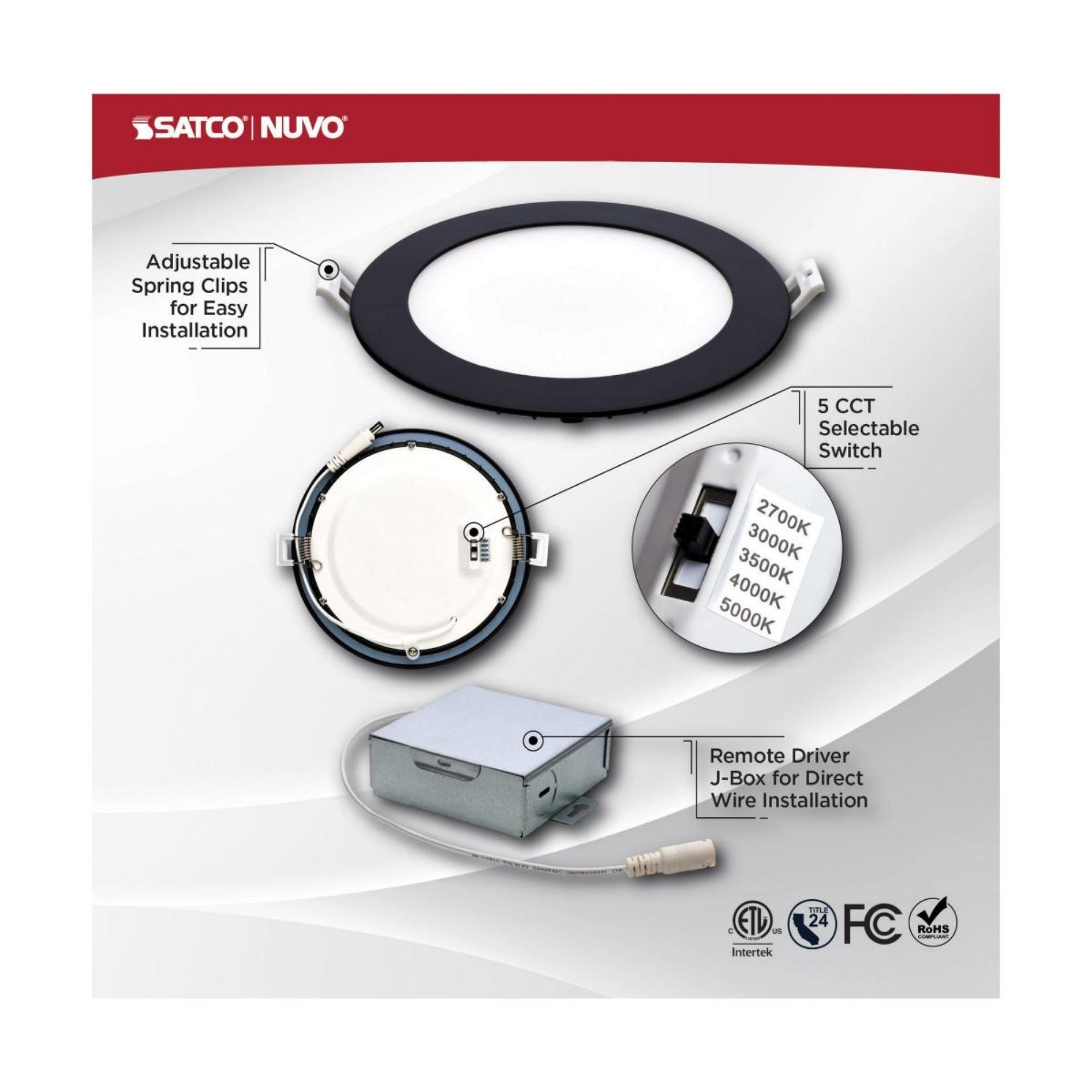 Slim Fit 6" Round Canless LED Recessed Light, 900 Lm, 5-CCT, Black Trim