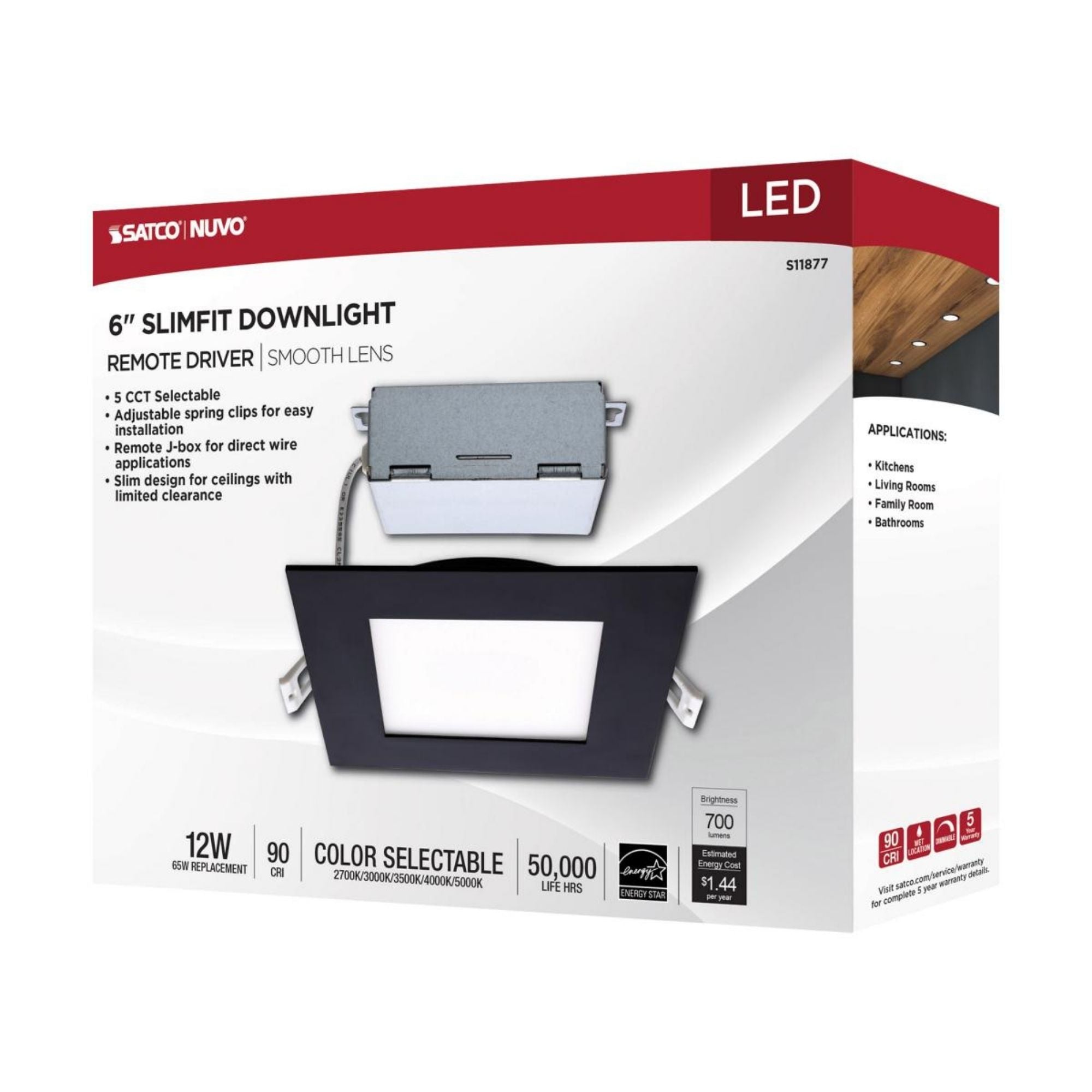 Slim Fit 6" Square Canless LED Recessed Light, 750 Lm, 5-CCT, Black Trim