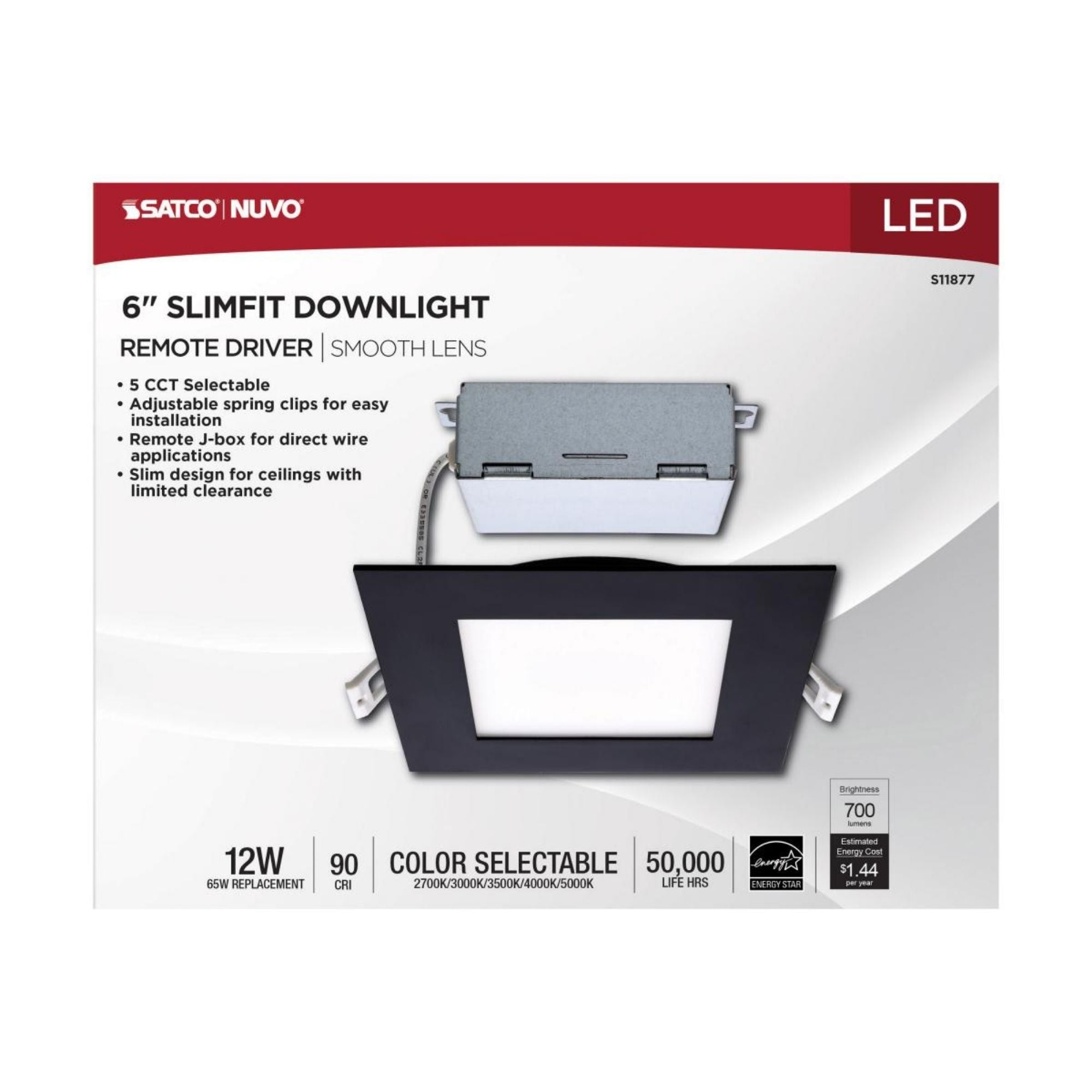 Slim Fit 6" Square Canless LED Recessed Light, 750 Lm, 5-CCT, Black Trim