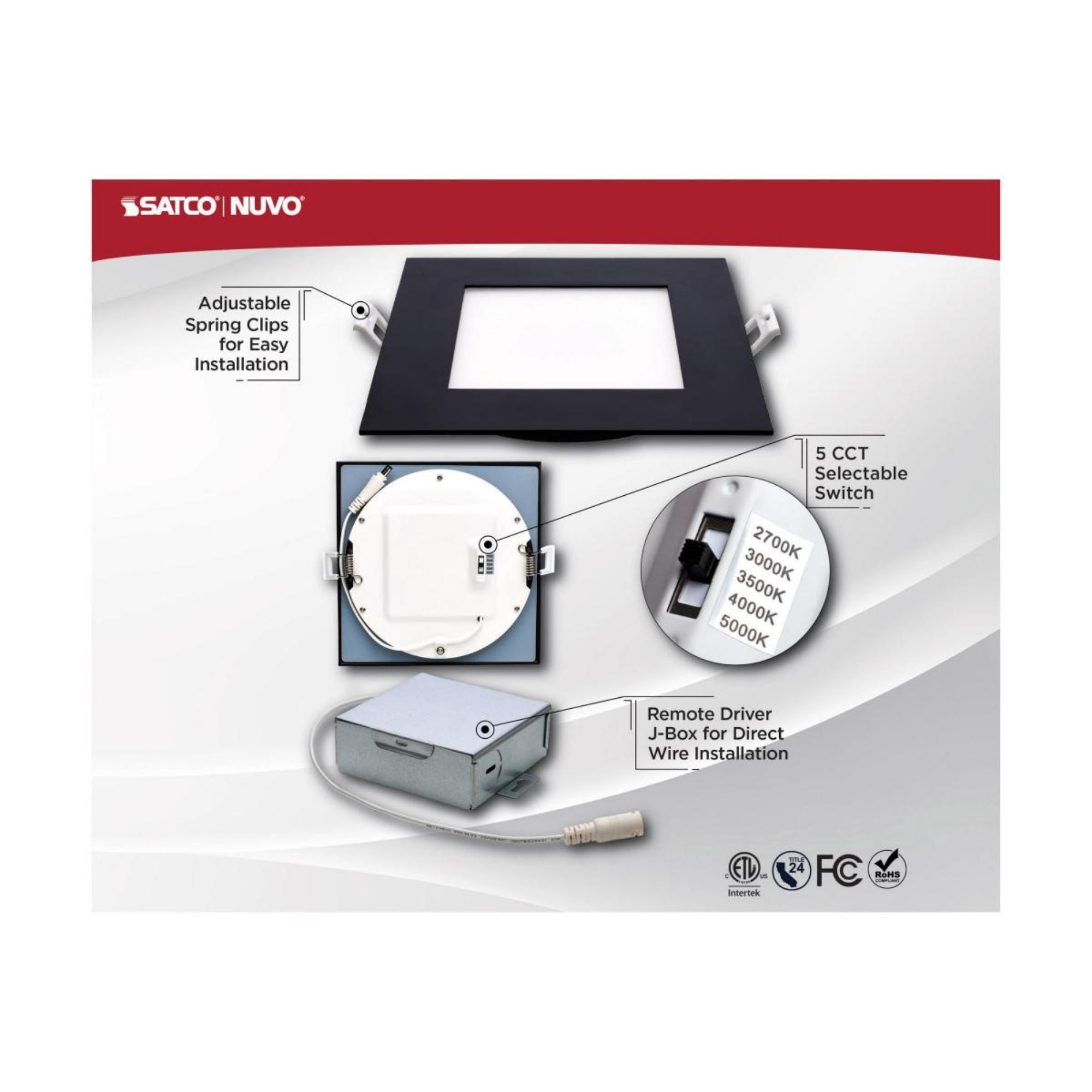 Slim Fit 6" Square Canless LED Recessed Light, 750 Lm, 5-CCT, Black Trim
