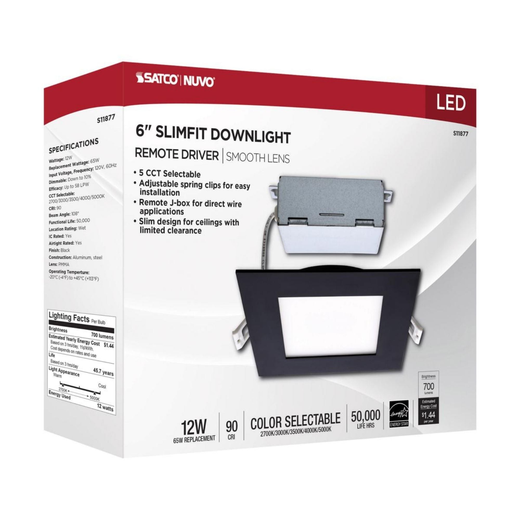 Slim Fit 6" Square Canless LED Recessed Light, 750 Lm, 5-CCT, Black Trim