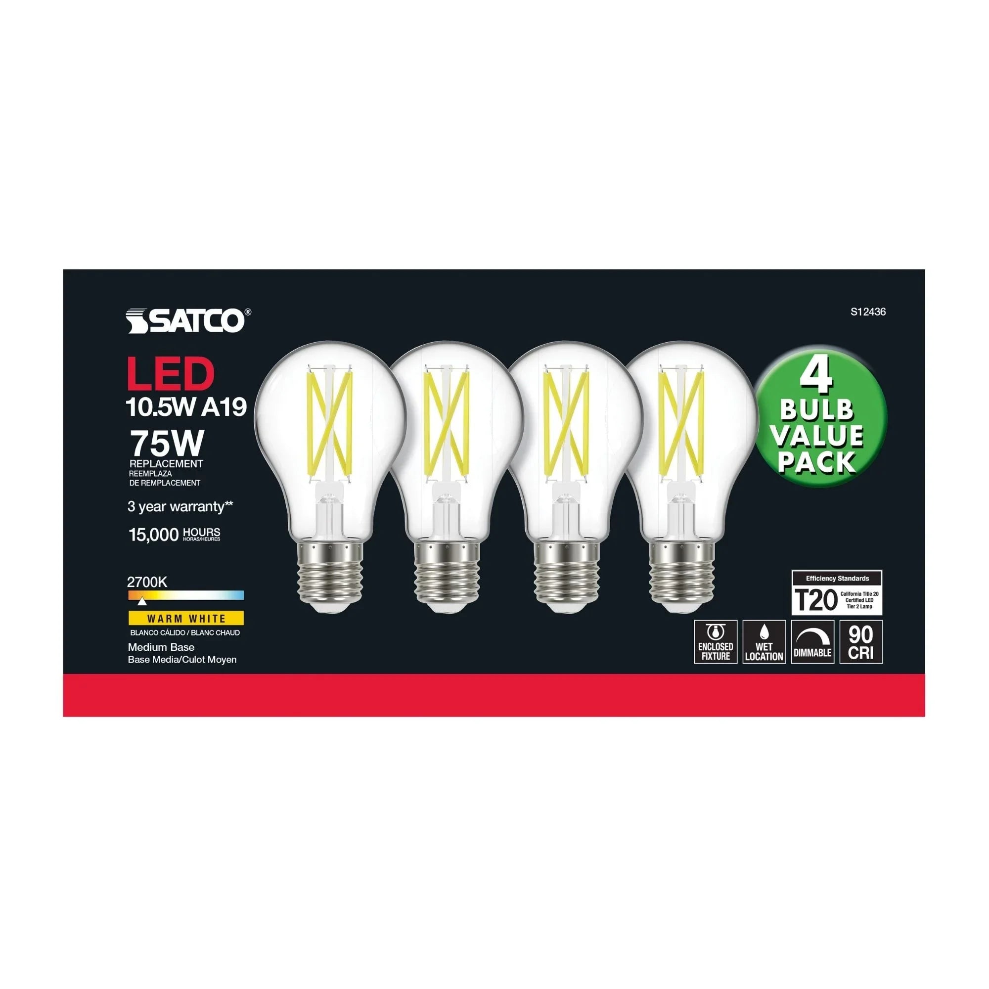 A19 LED Bulb, 75W Equivalent, 11 Watts, 1100 Lumens, 2700K, E26 Medium Base, Clear, Pack of 4