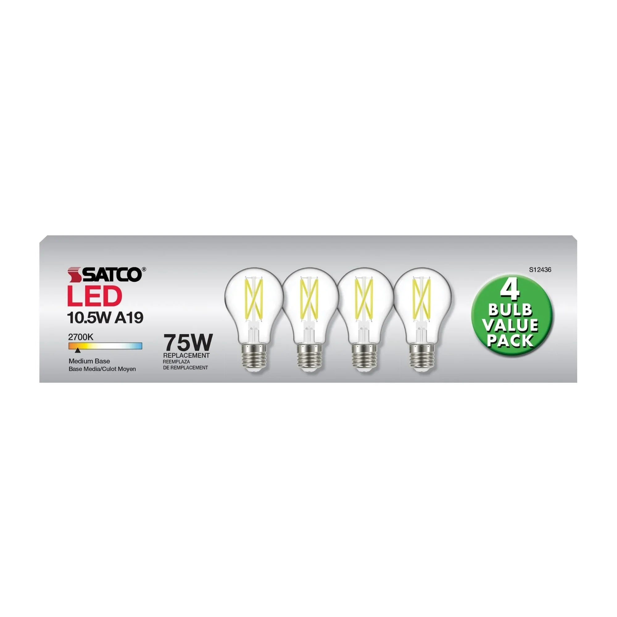 A19 LED Bulb, 75W Equivalent, 11 Watts, 1100 Lumens, 2700K, E26 Medium Base, Clear, Pack of 4