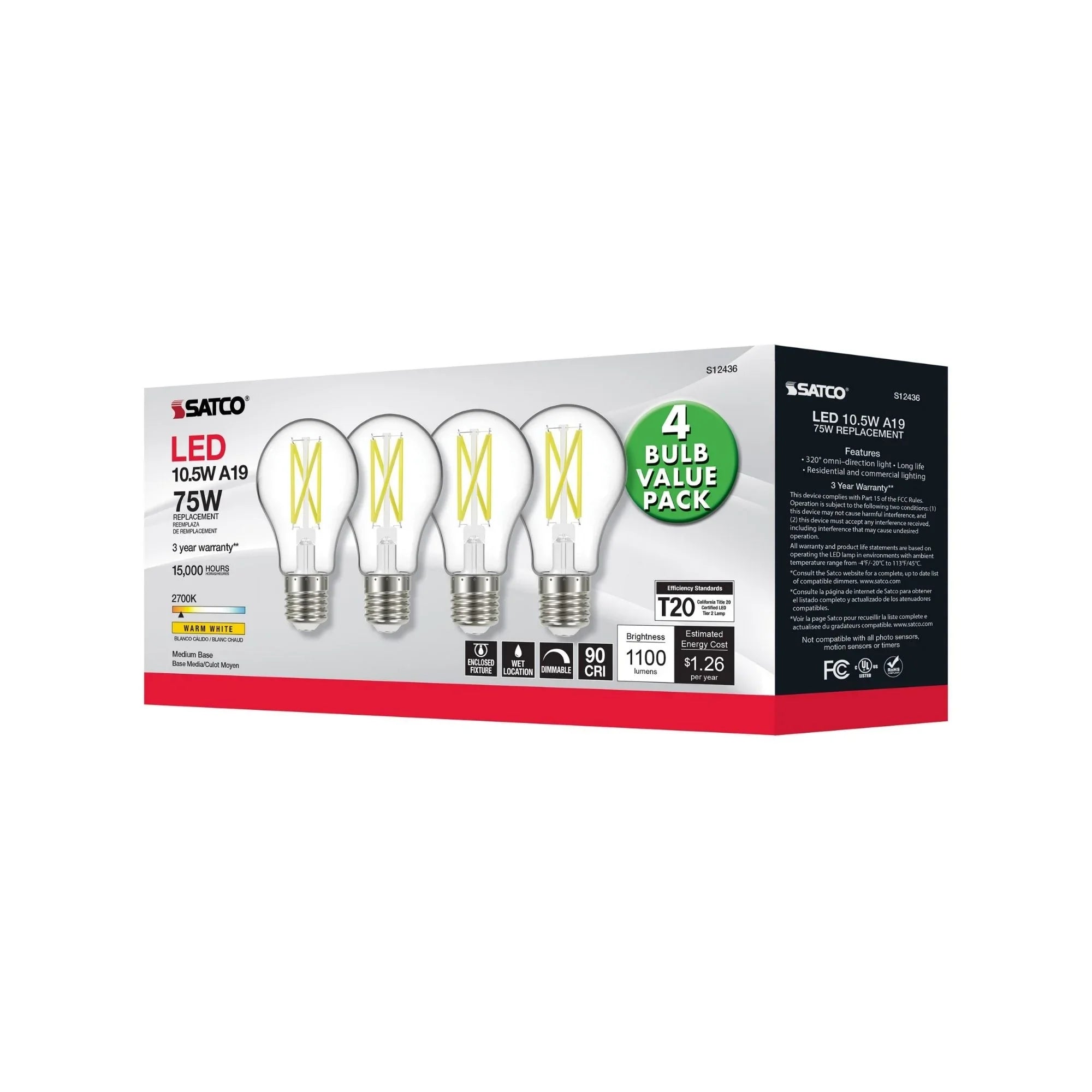 A19 LED Bulb, 75W Equivalent, 11 Watts, 1100 Lumens, 2700K, E26 Medium Base, Clear, Pack of 4