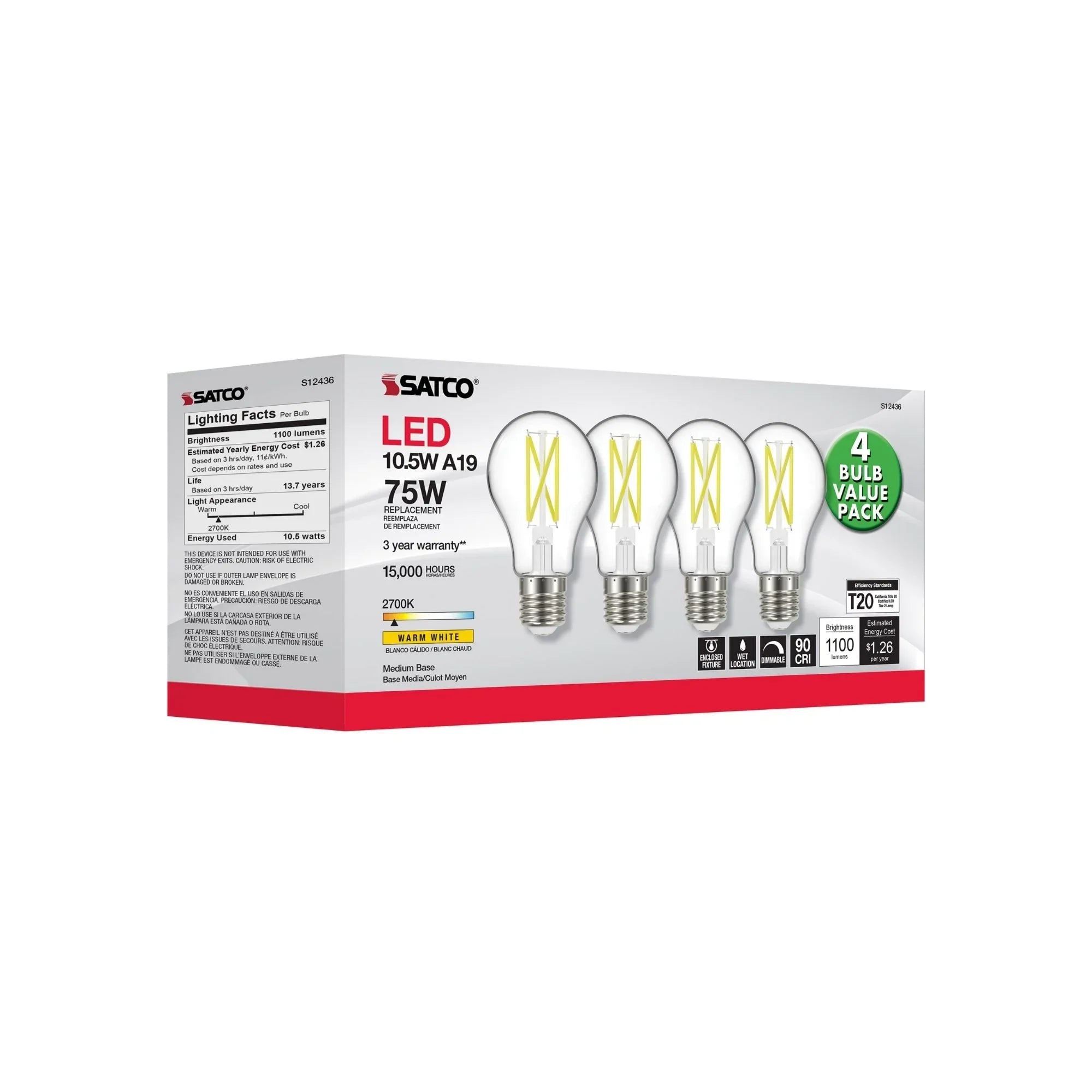 A19 LED Bulb, 75W Equivalent, 11 Watts, 1100 Lumens, 2700K, E26 Medium Base, Clear, Pack of 4