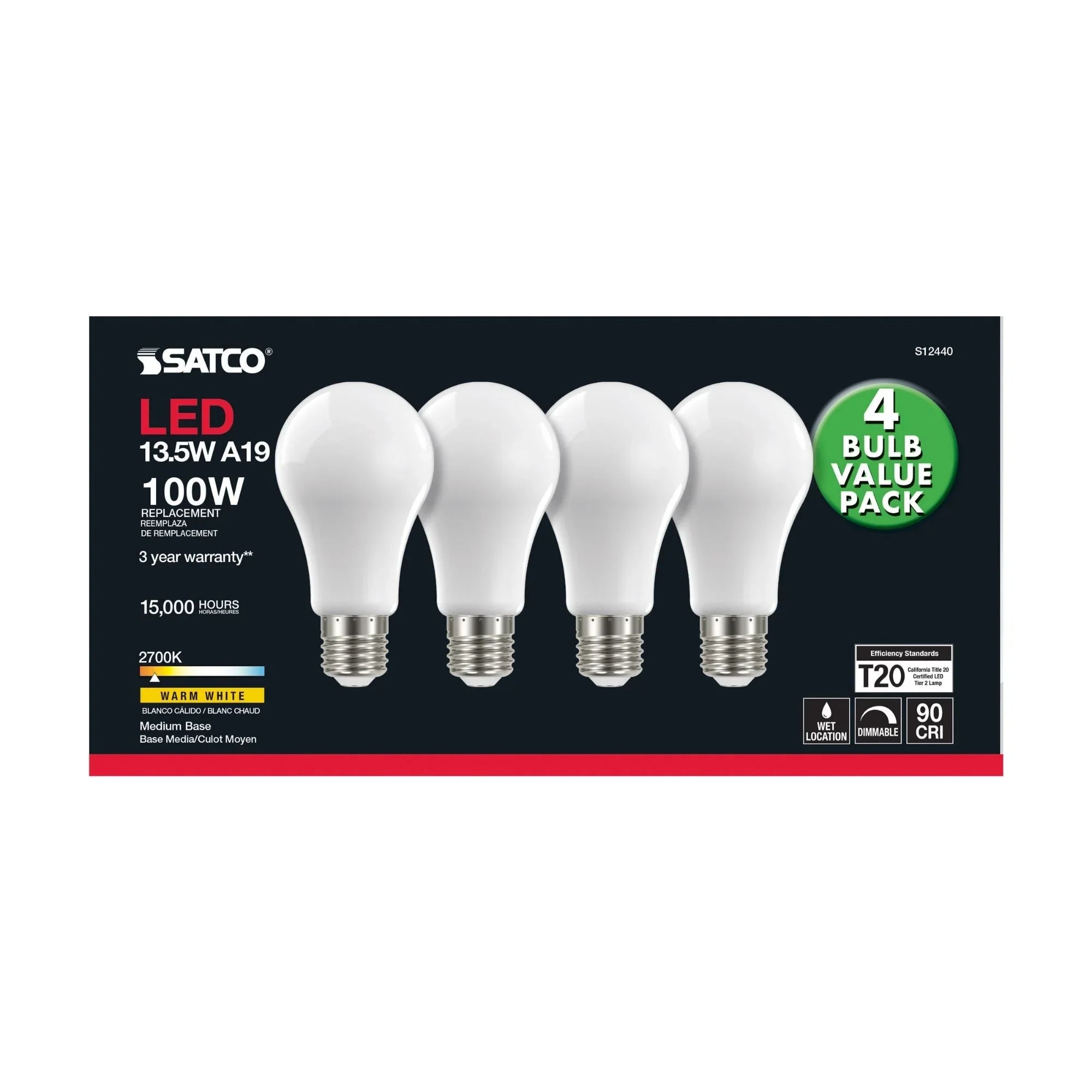 A19 LED Bulb, 100W Equivalent, 14 Watts, 1500 Lumens, 2700K, E26 Medium Base, Frosted, Pack of 4
