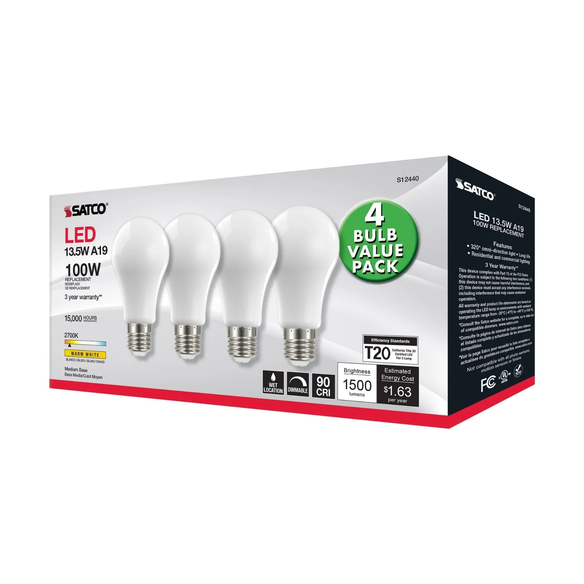 A19 LED Bulb, 100W Equivalent, 14 Watts, 1500 Lumens, 2700K, E26 Medium Base, Frosted, Pack of 4