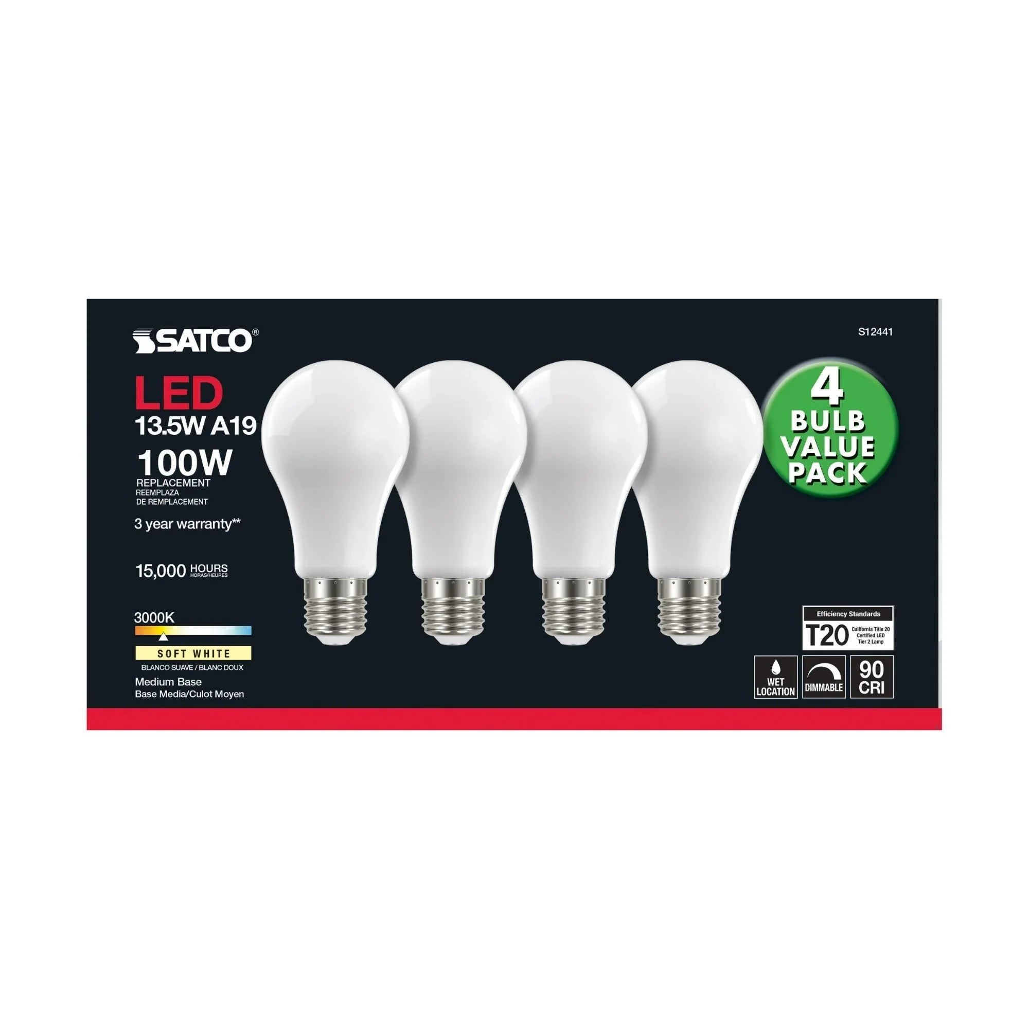 A19 LED Bulb, 100W Equivalent, 14 Watts, 1500 Lumens, 3000K, E26 Medium Base, Frosted, Pack of 4