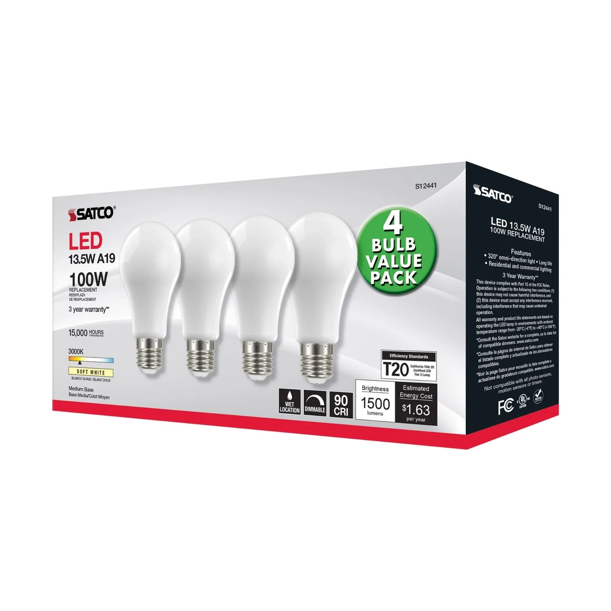A19 LED Bulb, 100W Equivalent, 14 Watts, 1500 Lumens, 3000K, E26 Medium Base, Frosted, Pack of 4