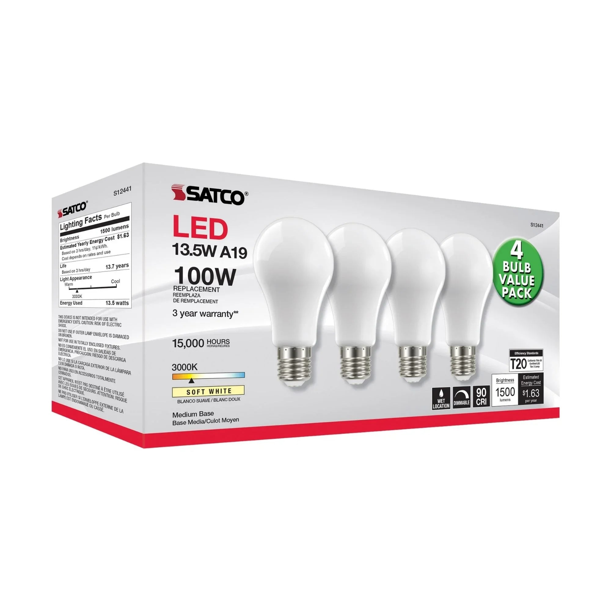 A19 LED Bulb, 100W Equivalent, 14 Watts, 1500 Lumens, 3000K, E26 Medium Base, Frosted, Pack of 4