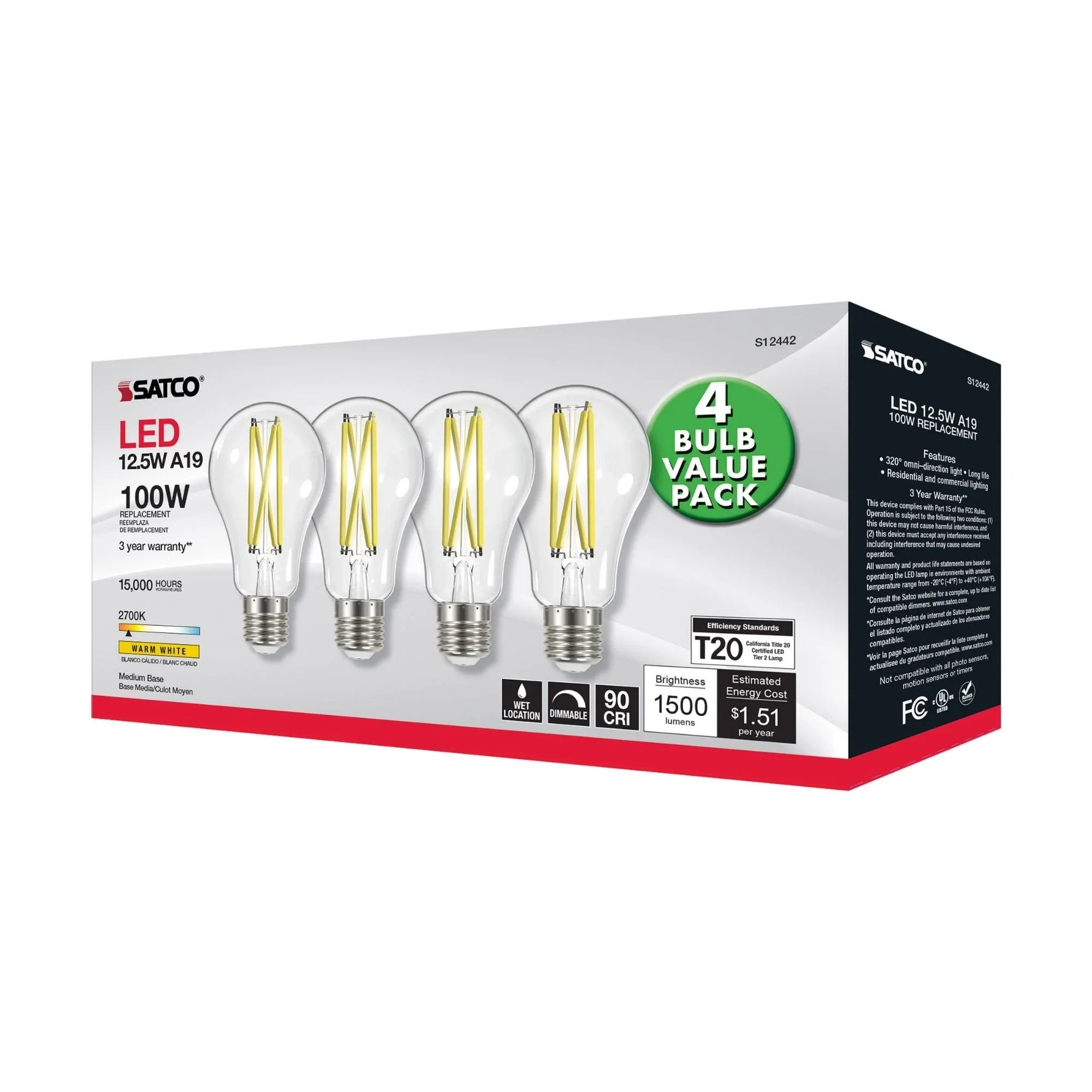 A19 LED Filament Bulb, 100W Equal, 13 Watts, 1500 Lumens, 2700K, E26 Medium Base, Clear, Pack of 4