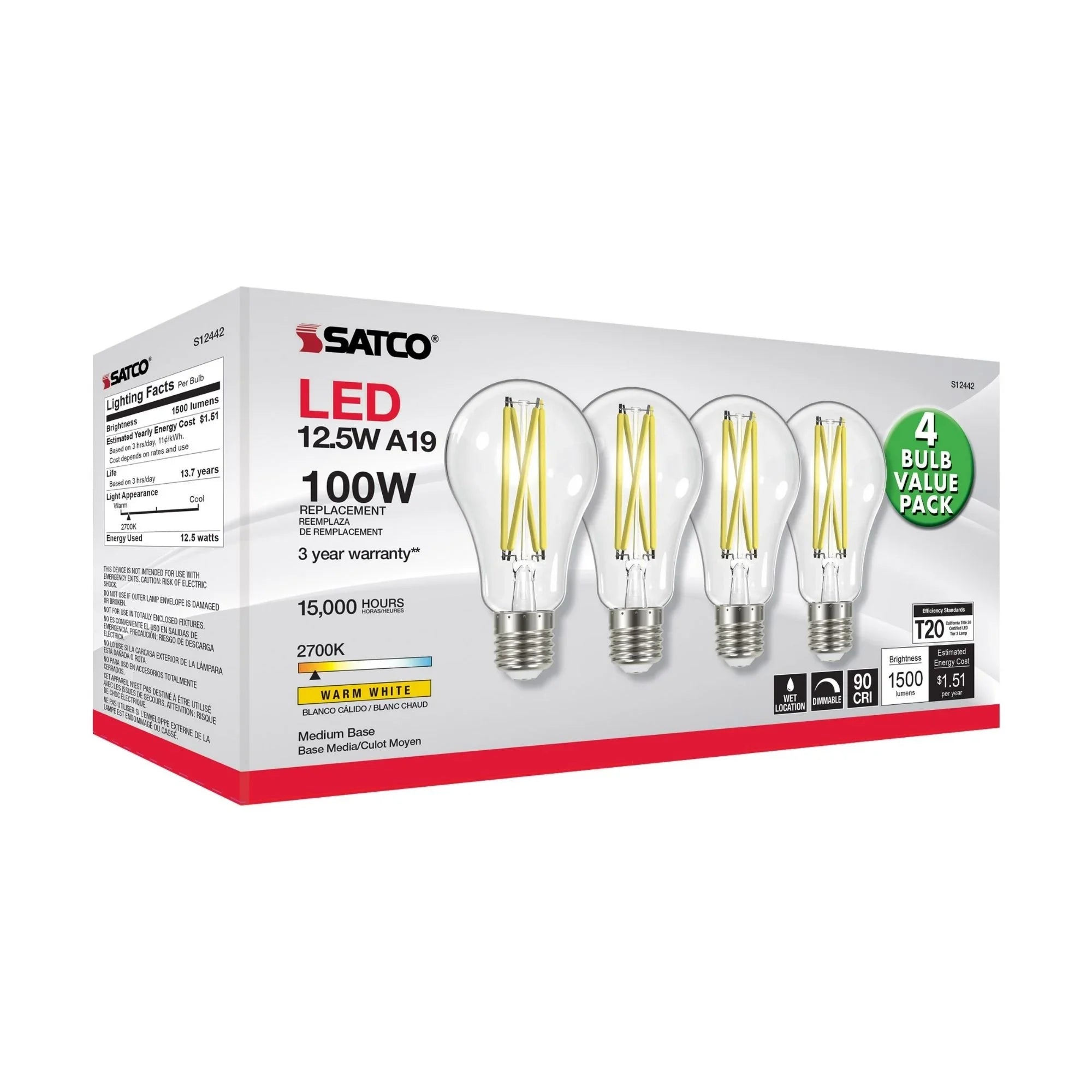 A19 LED Filament Bulb, 100W Equal, 13 Watts, 1500 Lumens, 2700K, E26 Medium Base, Clear, Pack of 4
