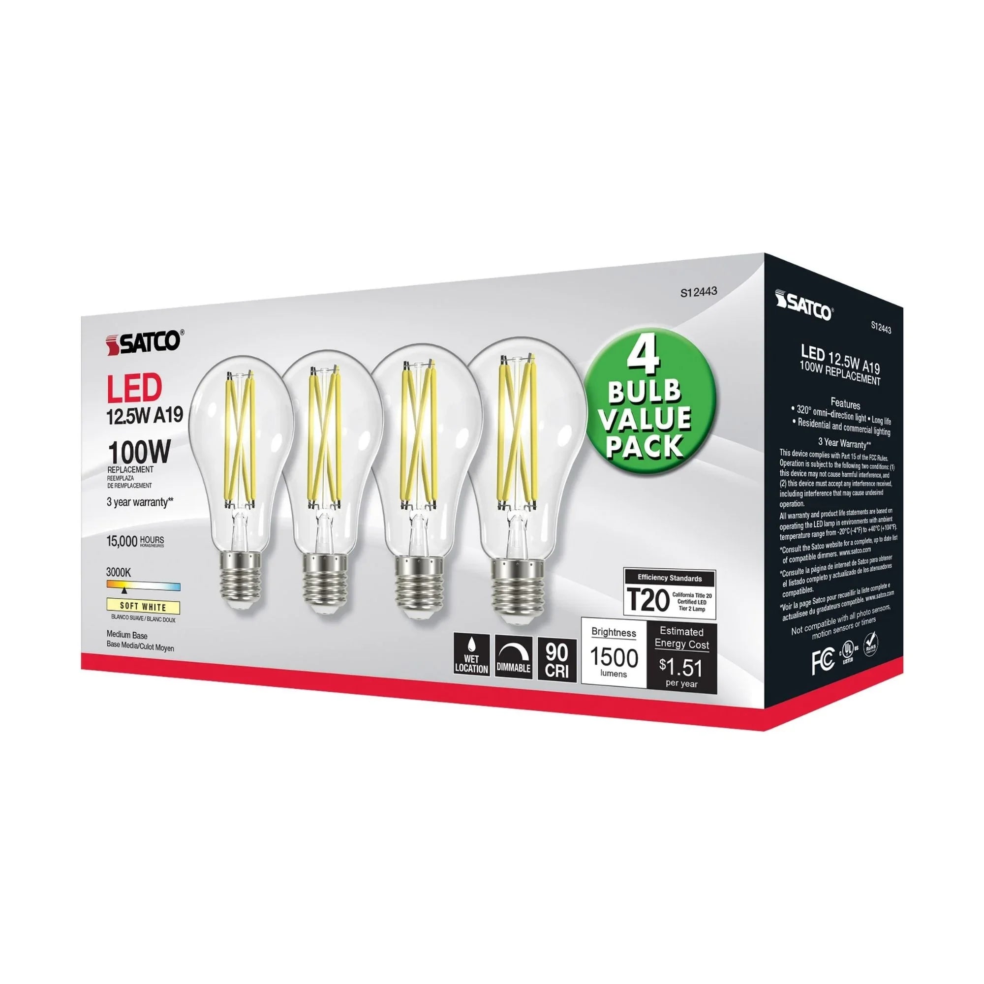 A19 LED Filament Bulb, 100W Equal, 13 Watts, 1500 Lumens, 3000K, E26 Medium Base, Clear, Pack of 4