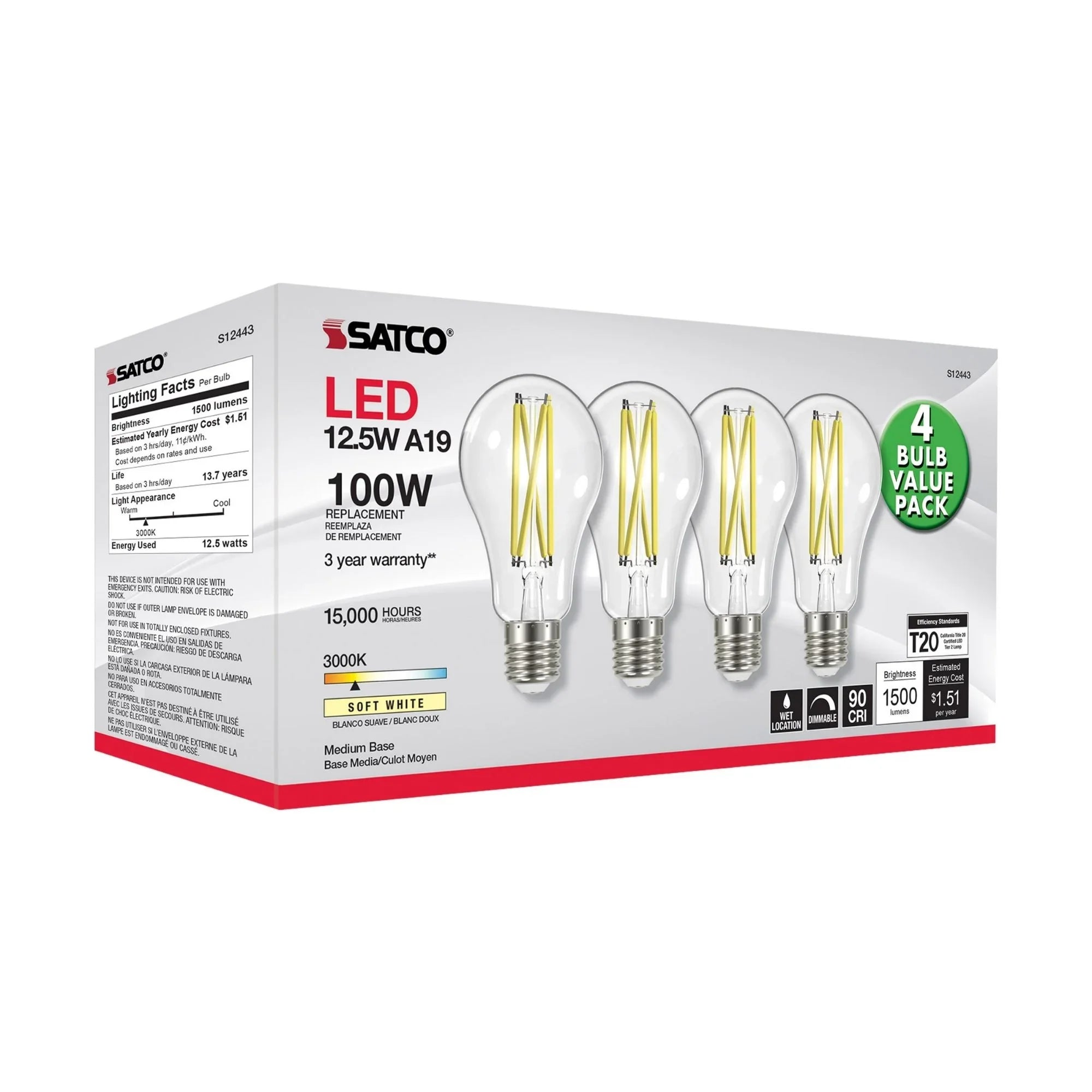 A19 LED Filament Bulb, 100W Equal, 13 Watts, 1500 Lumens, 3000K, E26 Medium Base, Clear, Pack of 4